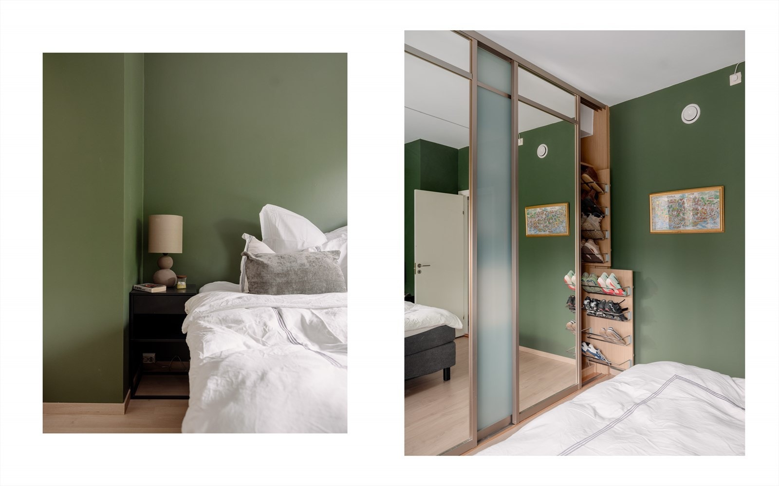 En stor skyvedørsgarderobe gir rikelig med oppbevaringsplass på soverommet. Galleribilde