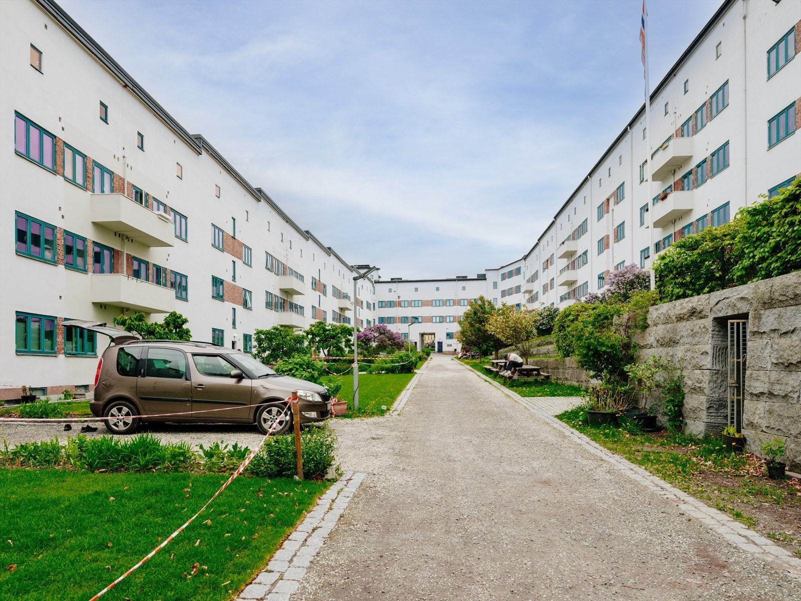 Flott bakgård med store plenområder og forskjellig beplantning. En egen hagegruppe i borettslaget bidrar til beplanting og urbant landbruk i bakgården. Galleribilde