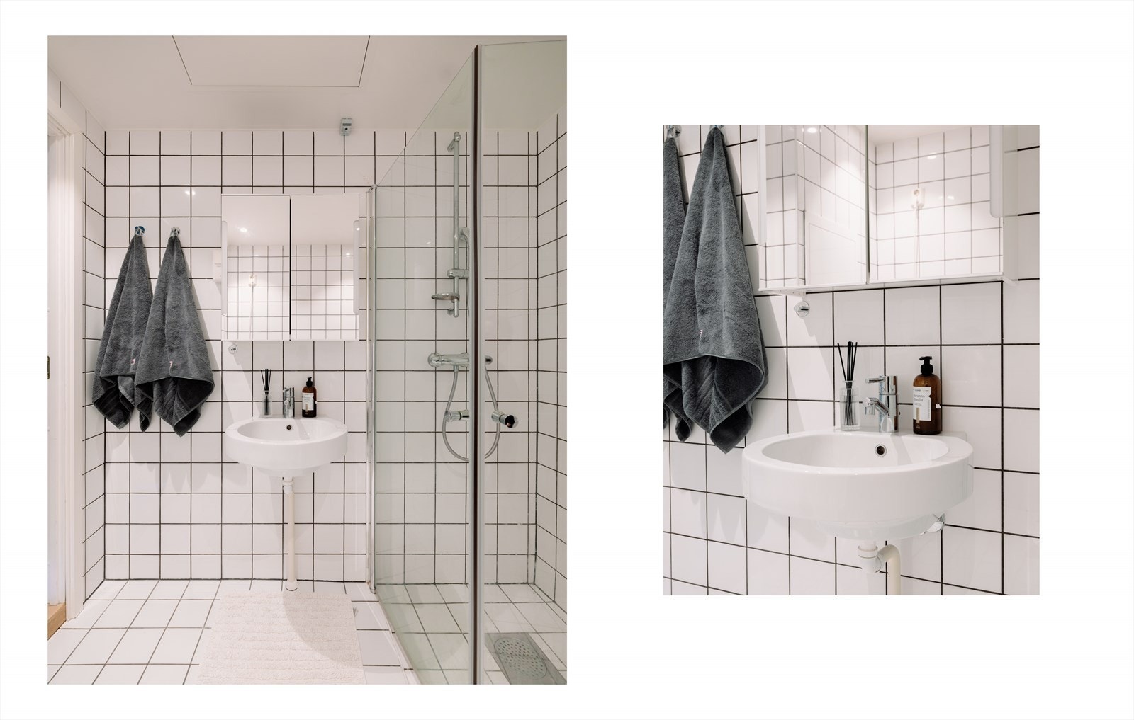 Badet er innredet med dusjhjørne med svingbare dører, veggmontert servant og speilskap. Det er i tillegg opplegg for vaskemaskin. Galleribilde