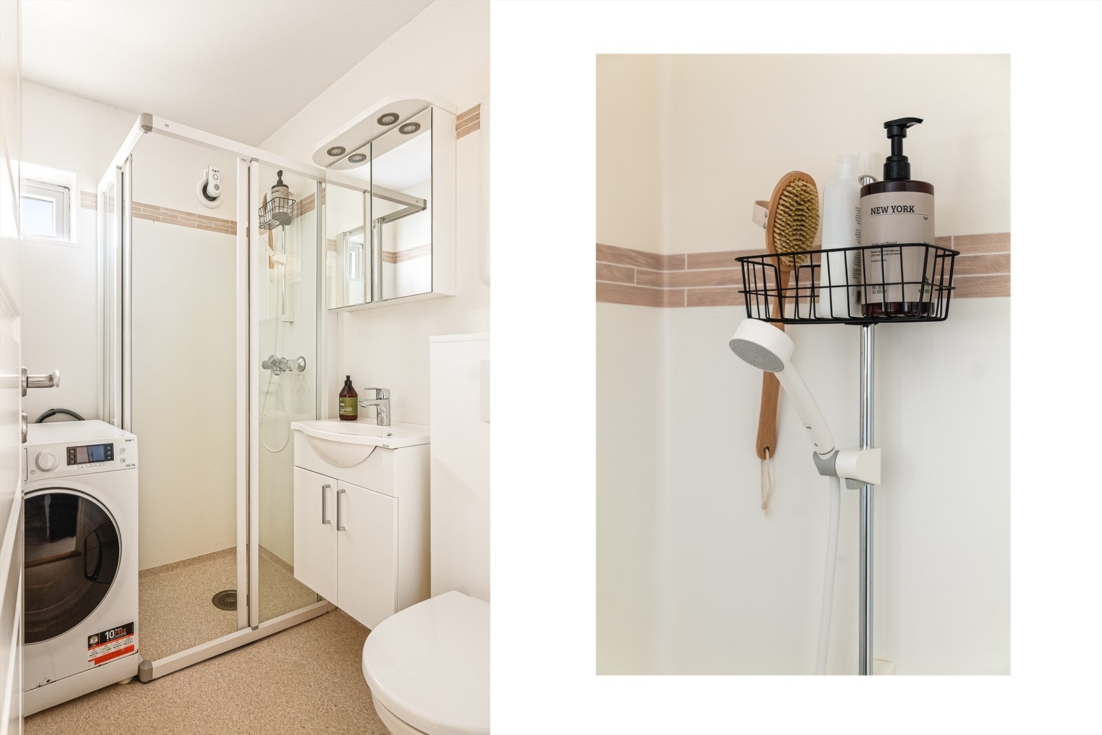 Badet inneholder: servant med møblement/speilskap og belysning, vegghengt toalett, dusjhjørne i glass, dusjgarnityr og opplegg for vaskemaskin. Galleribilde