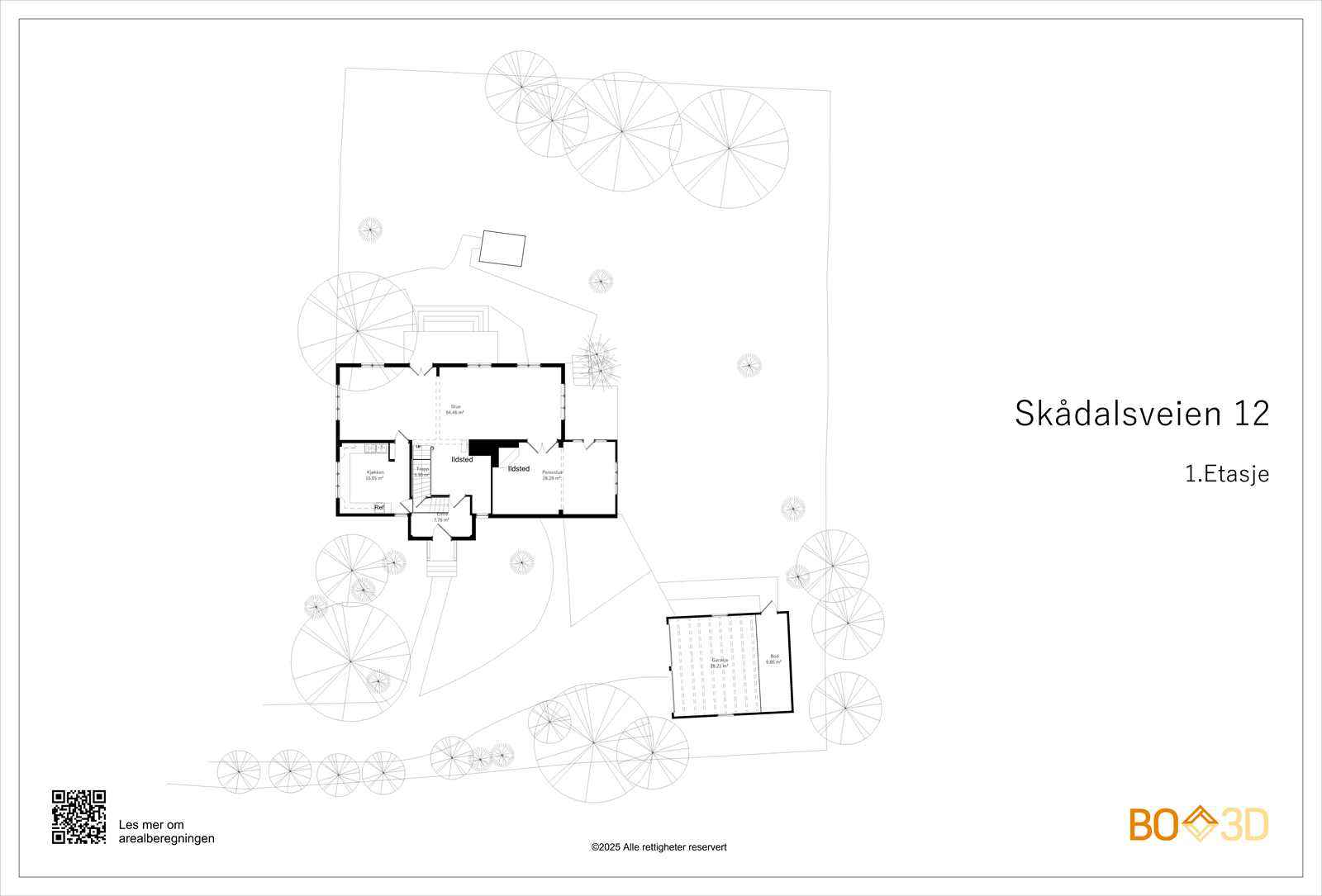Situasjonskartet viser boligens plassering på tomten, med hage og en frittstående garasje med bod fra 1993. Galleribilde