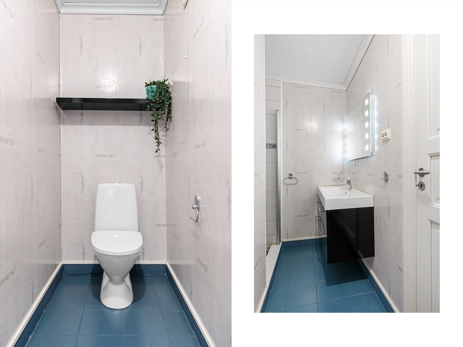 Badet i underetasjen inneholder et nytt toalett fra 2024, samt baderomsinnredning med speil over, og en dusjnisje med innfellbare dusjdører. Det er fliser på gulvet, forøvrig våtromstapet på veggene, samt fliser i dusjsonen. Galleribilde