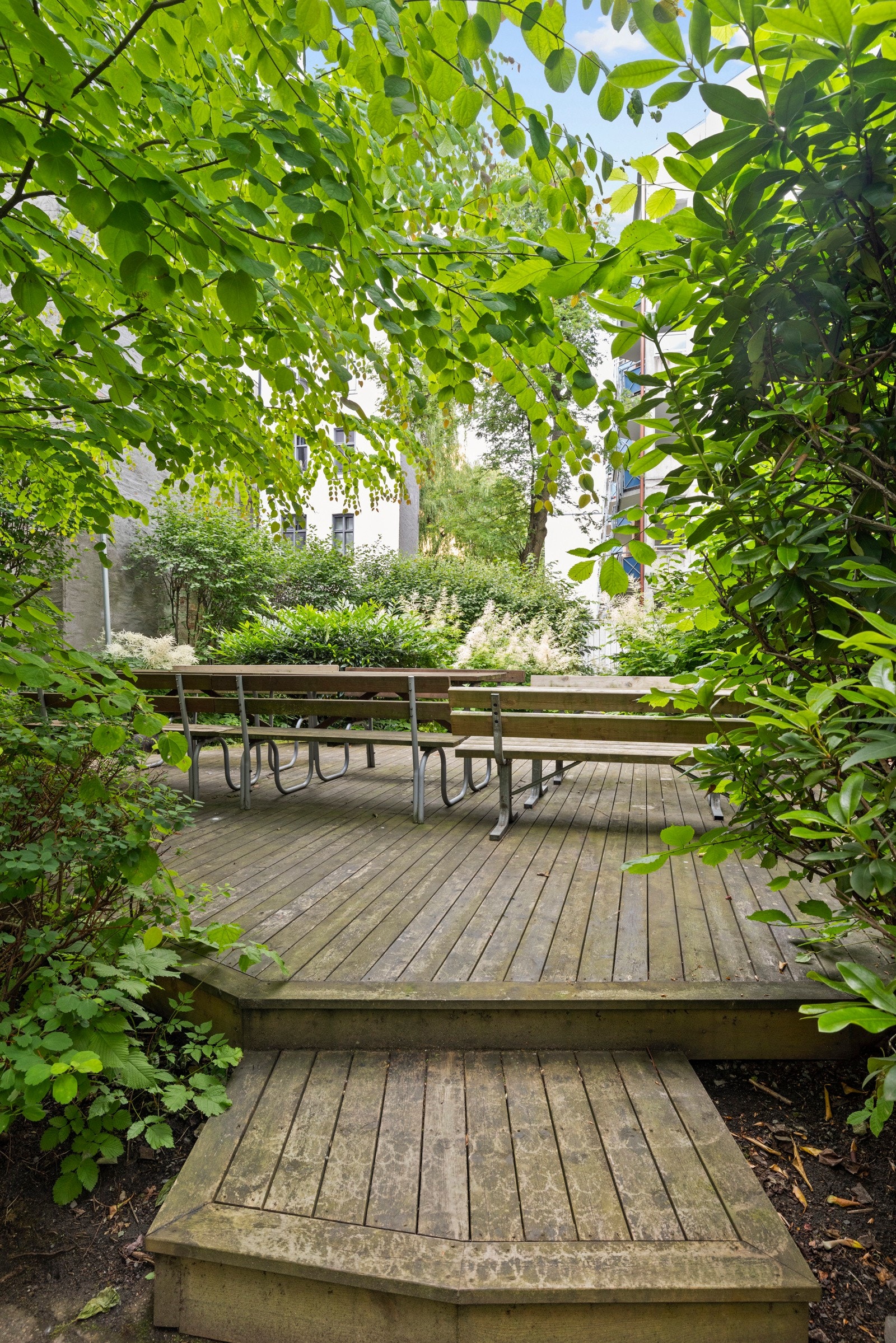 Bakgården er et flott, skjermet uterom med blomsterbed og store trær. Galleribilde