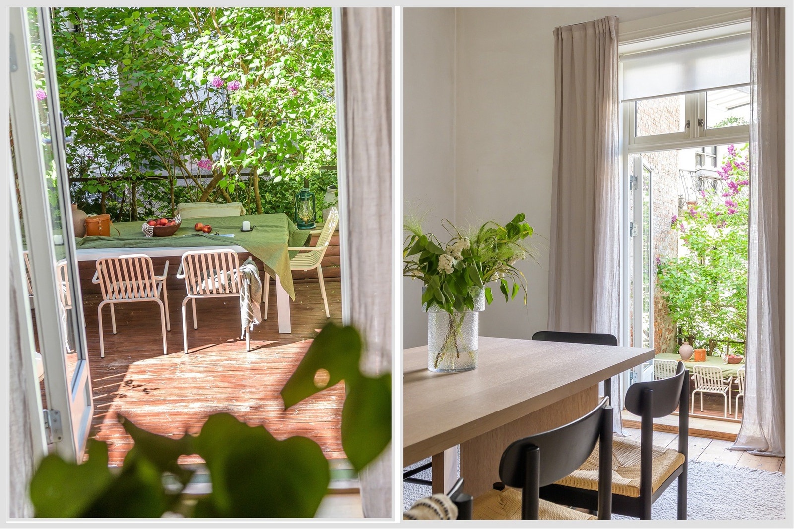 Store vindusflater og god takhøyde gir rommet en lys og luftig atmosfære. Fra spisestuen er det direkte utgang til terrasse og bakgård Galleribilde