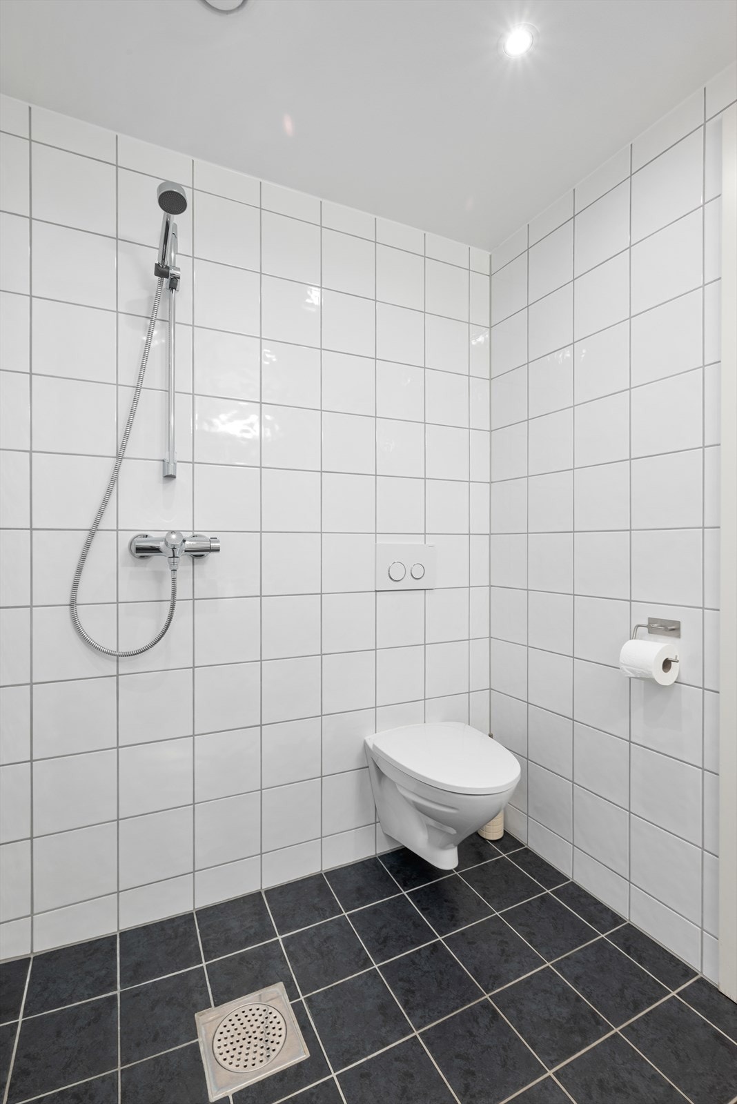 Badet byr på behagelig gulvvarme og er utstyrt med dusjløsning, veggmontert WC, servantskap, opplegg for vaskemaskin og mekanisk avtrekk. Galleribilde
