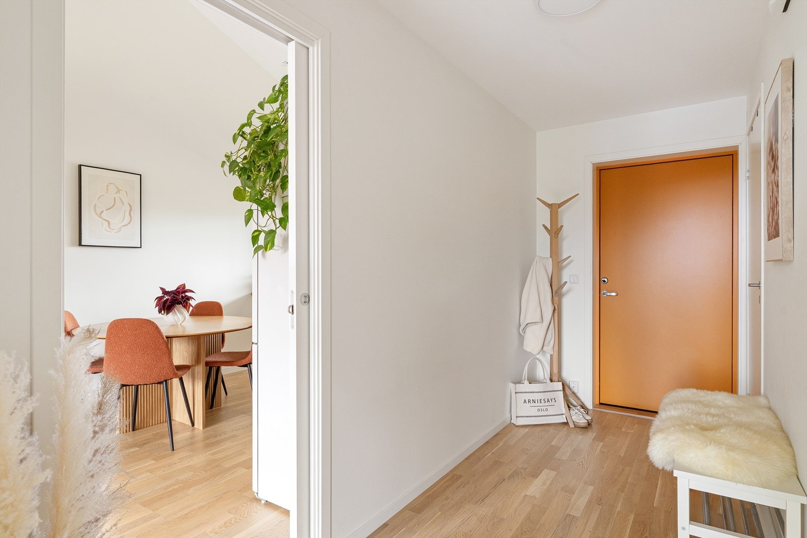 Entréen har plass til oppbevaring av yttertøy og sko, og leder videre inn til leilighetens oppholdsrom. Galleribilde