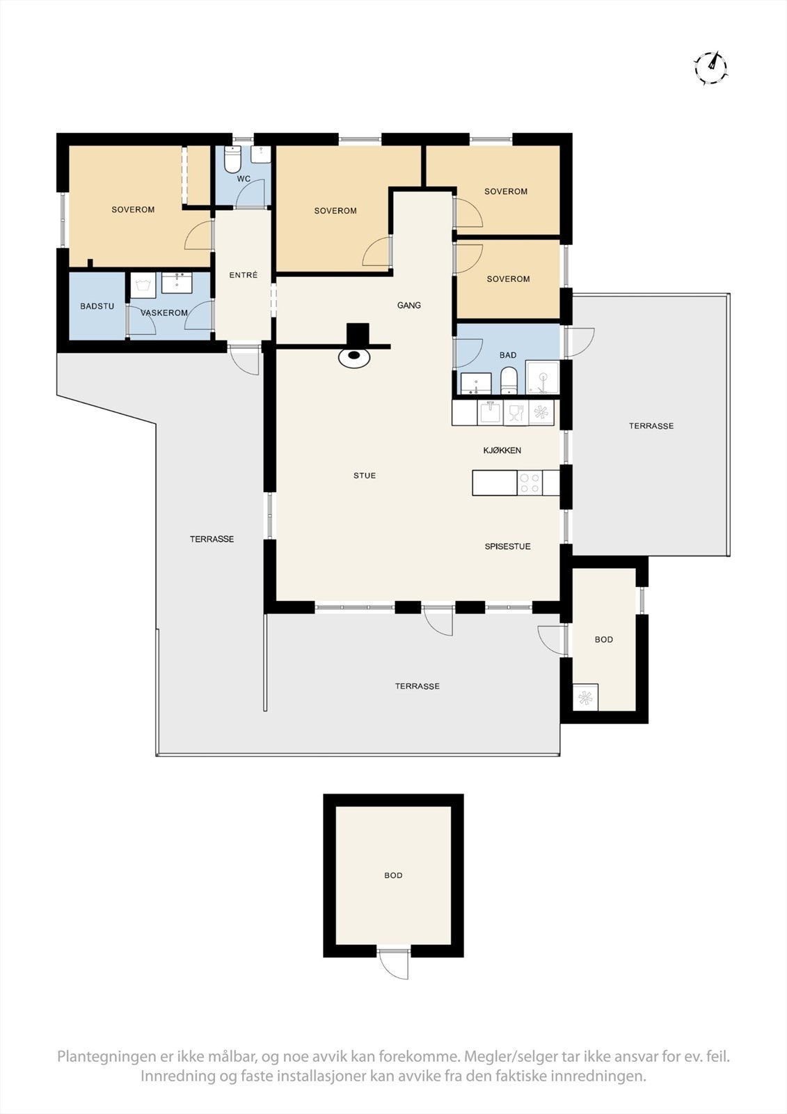 En arealeffektiv planløsning samler alle funksjoner på ett plan, med en tydelig adskilt soveromsavdeling. Galleribilde