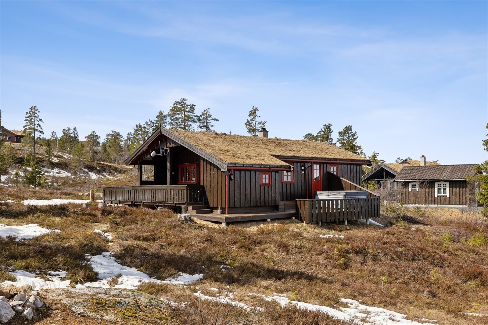 Fasaden har stående villmarkskledning og taket er tekket med torv. Galleribilde
