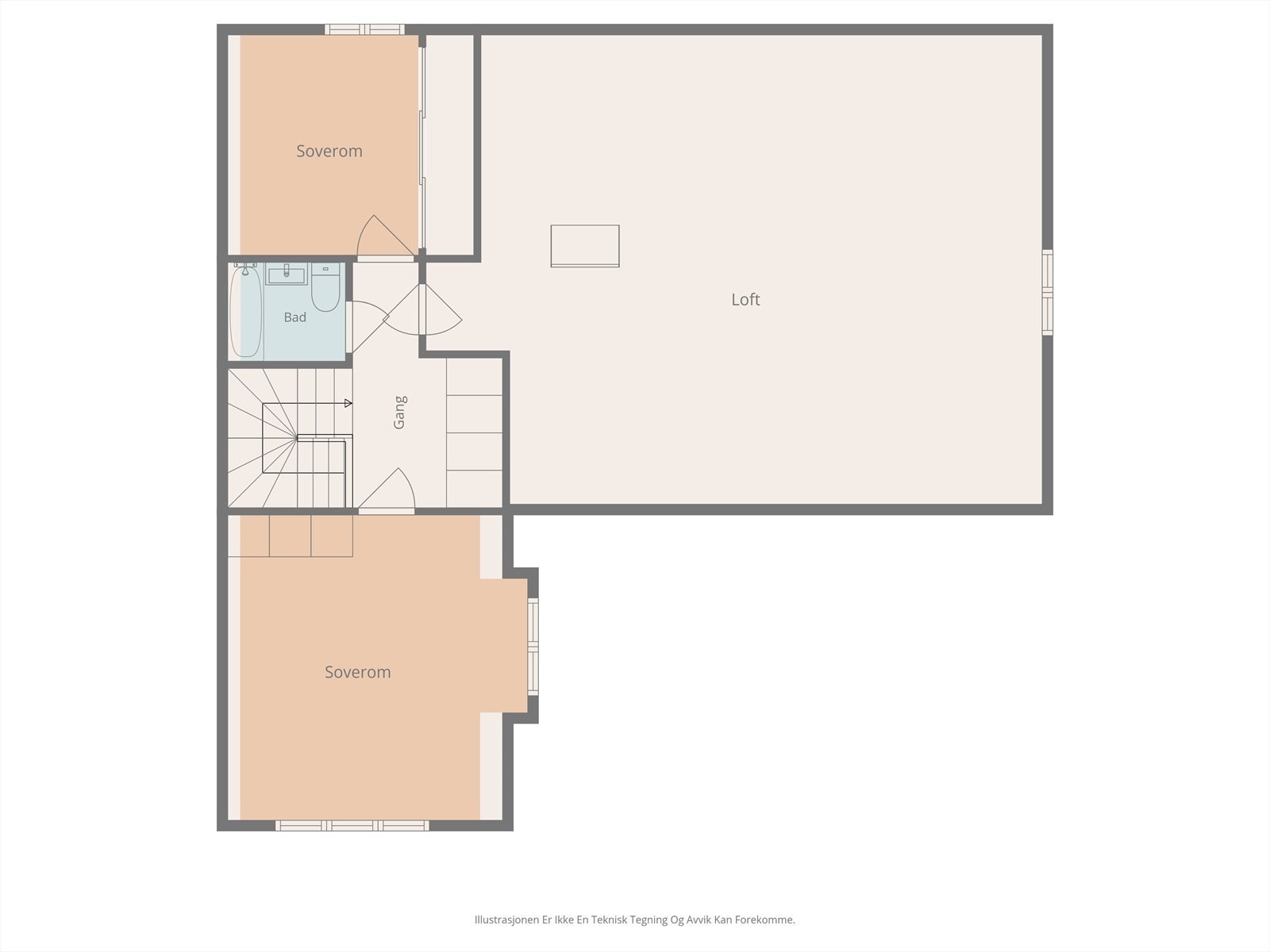 Loftsetasjen er innredet med to soverom (evt soverom + loftstue), bad og bodplass på lagringsloft. Galleribilde