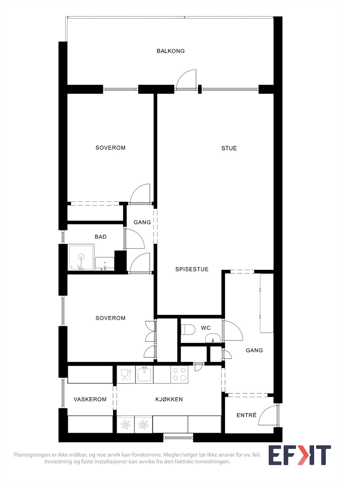 Leiligheten har en arealeffektiv planløsning på 81 m² med to soverom, separat bad og toalettrom, samt en praktisk åpen løsning mellom vaskerom og kjøkken. Galleribilde