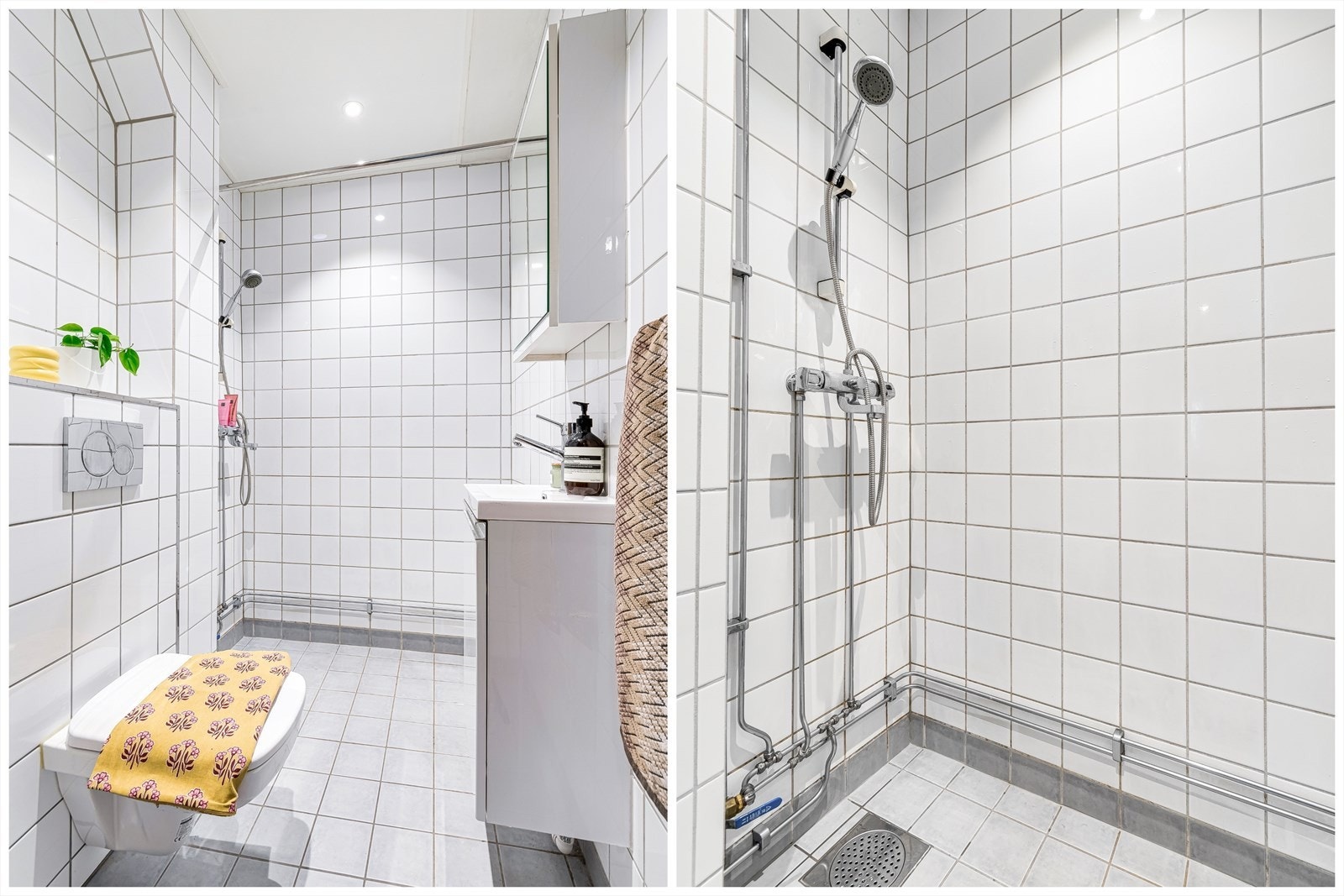Badet er utstyrt med med et vegghengt toalett, dusjhjørne med oppheng for dusjforheng, samt servantinnredning. Galleribilde