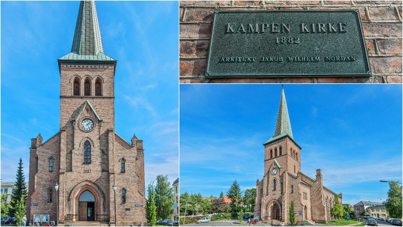 Kampen Kirke ligger i hjertet av Kampen, på Torbjørn Egners plass. Galleribilde