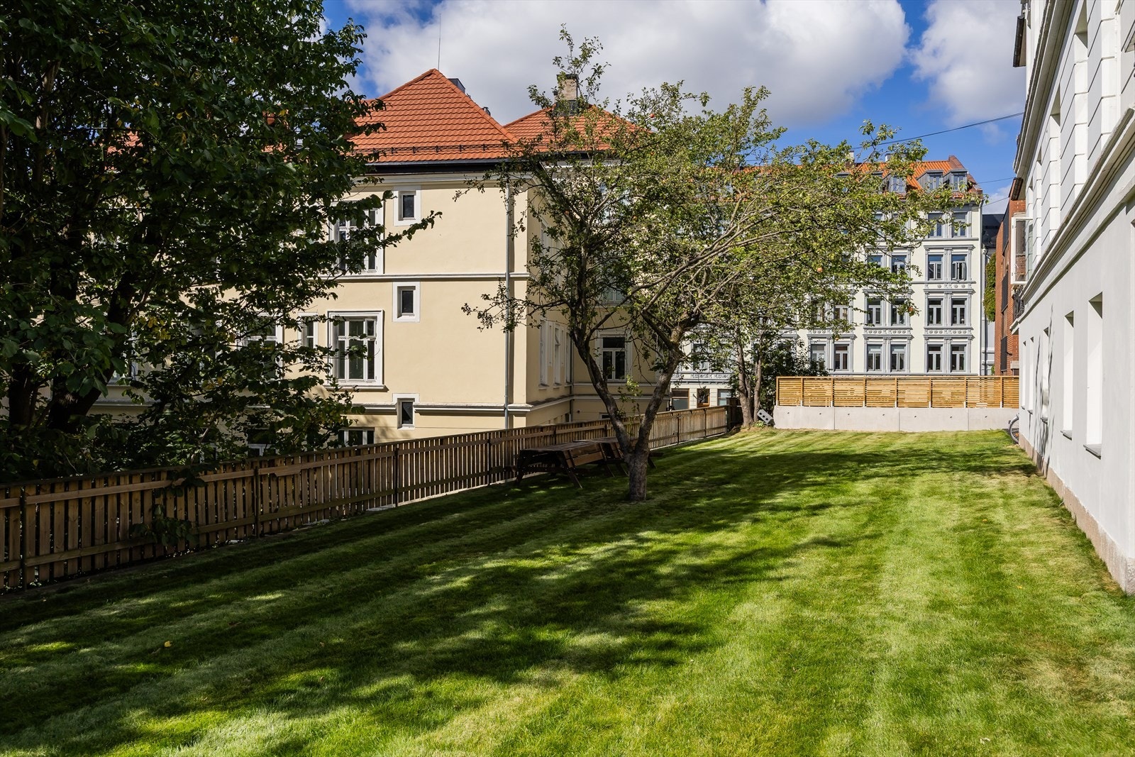 Stor felles hage med nylagt plen fra 2025. Galleribilde