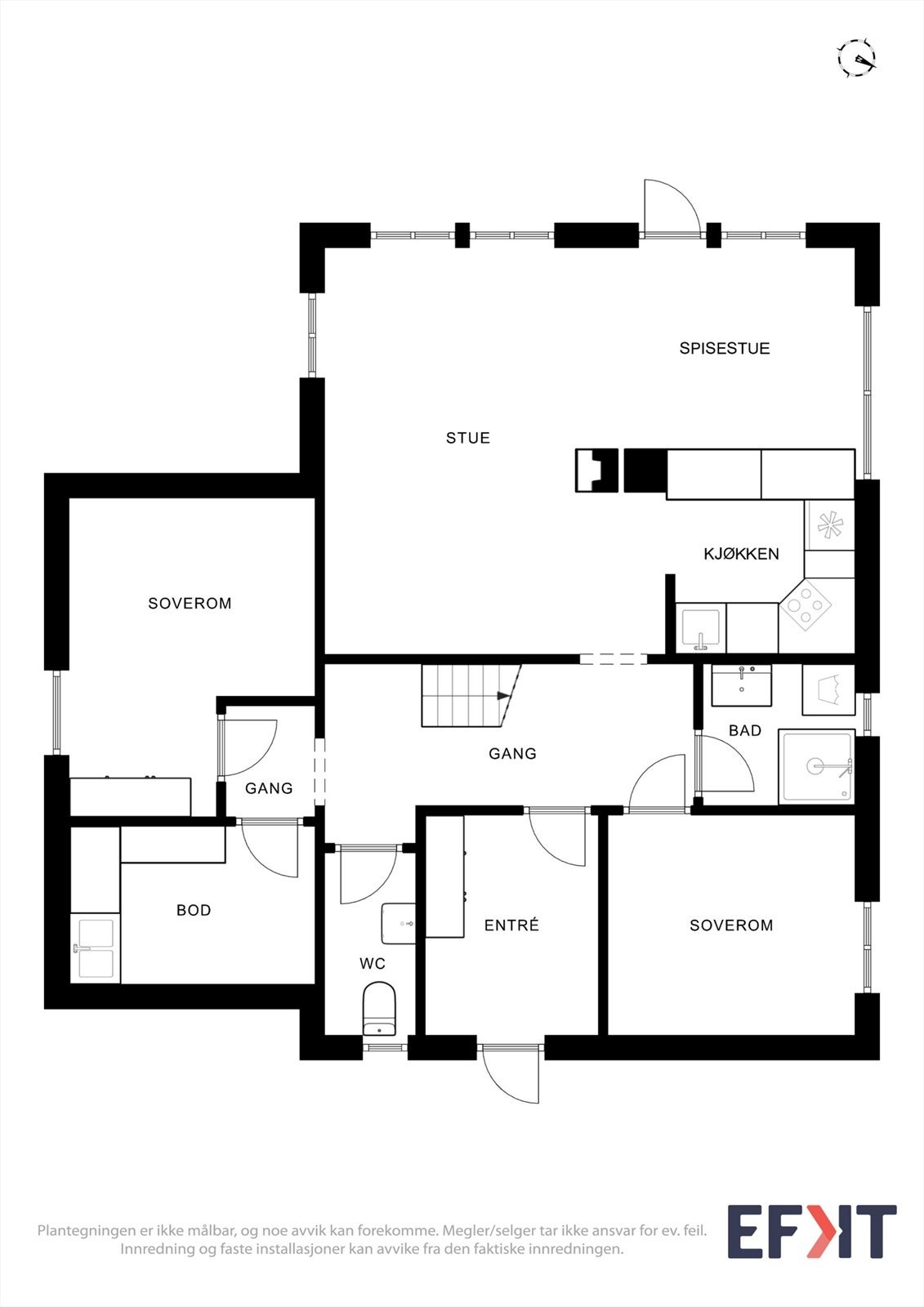 Planskisse. Hemsen er etablert over gang, bad, toalettrom, entré, soverommene og bod. Galleribilde