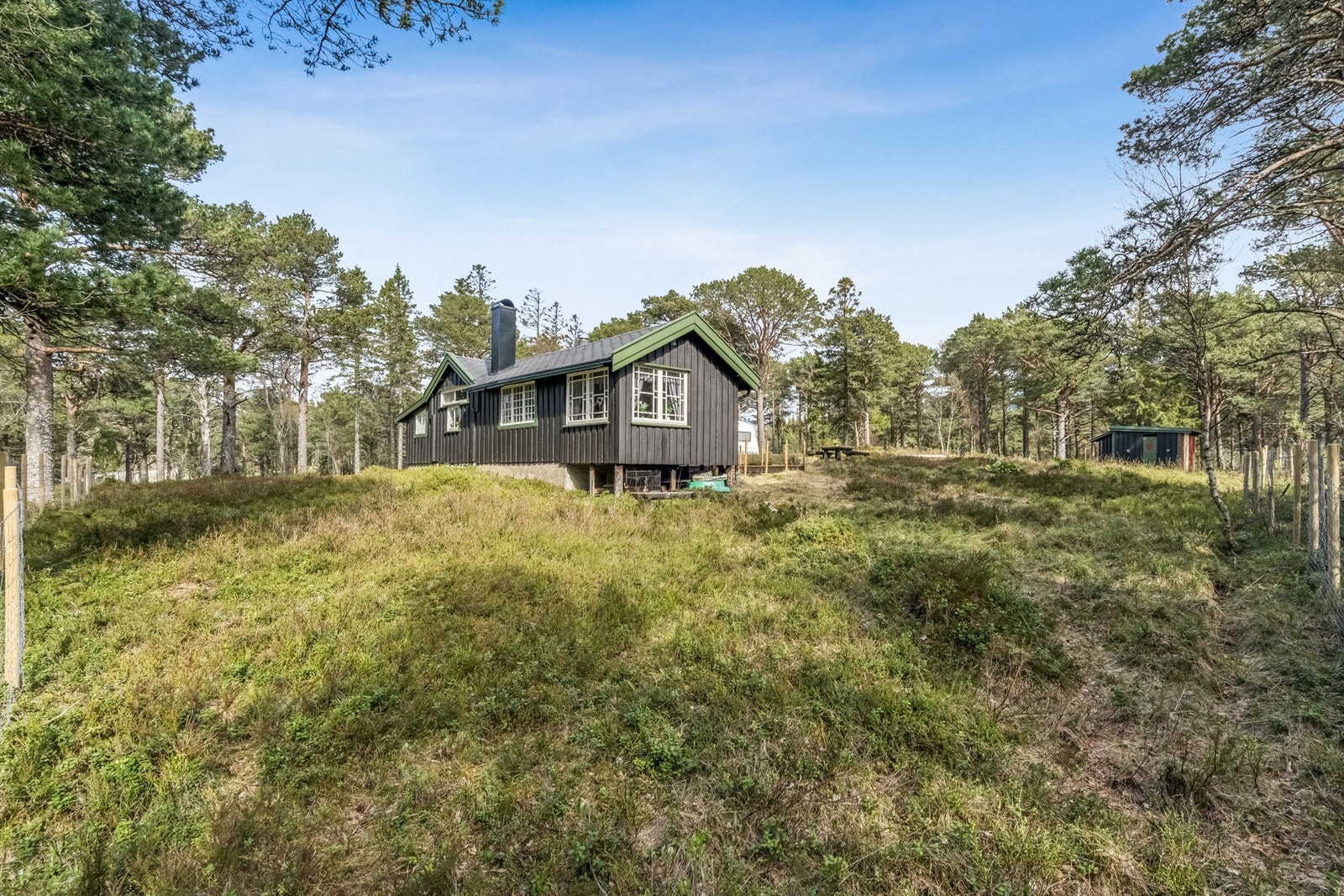 Fritidsboligen ligger i et relativt flatt terreng, omgitt av natur. Galleribilde