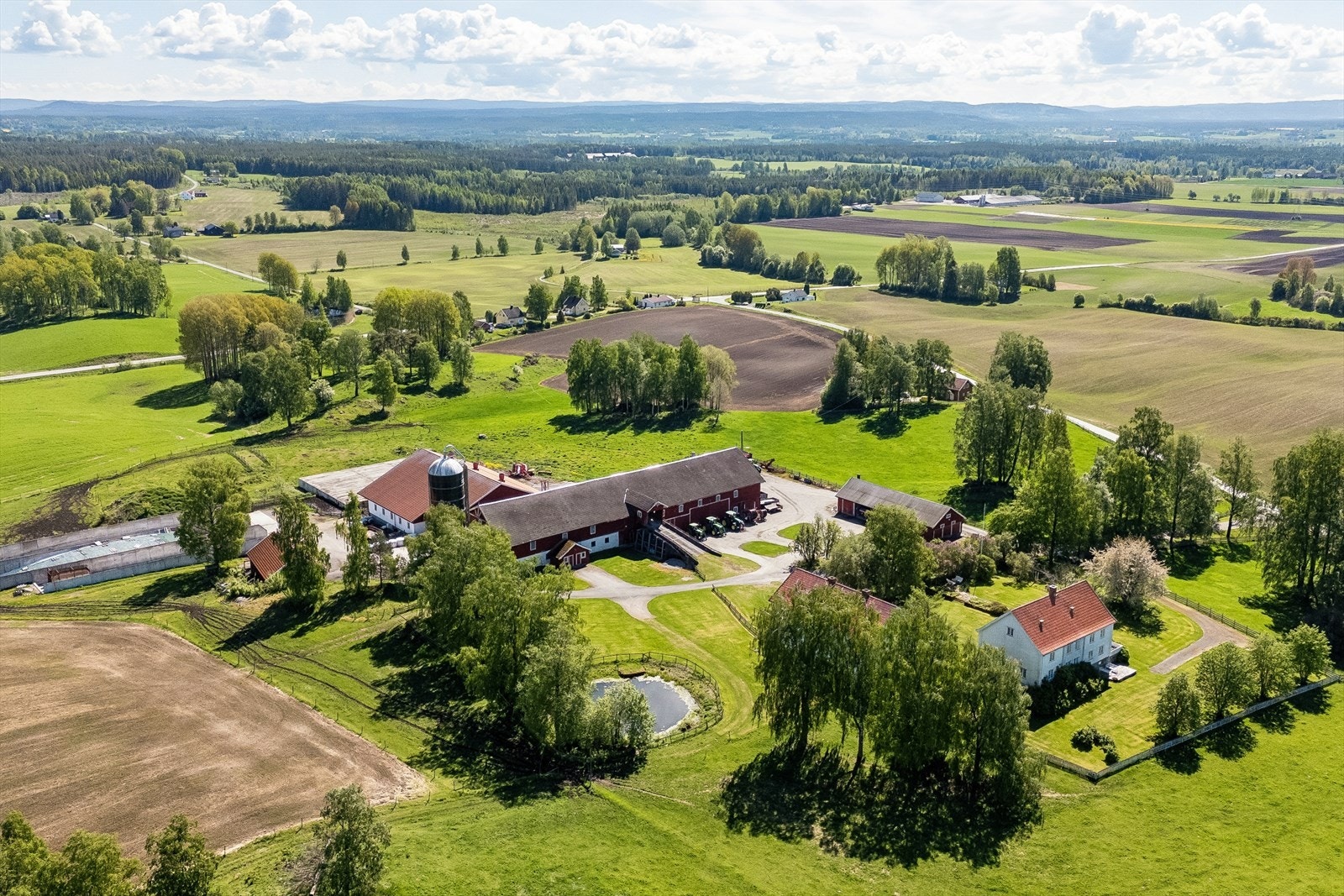 Eiendommen strekker seg over et stort område med over 585 mål fulldyrket jord. Galleribilde