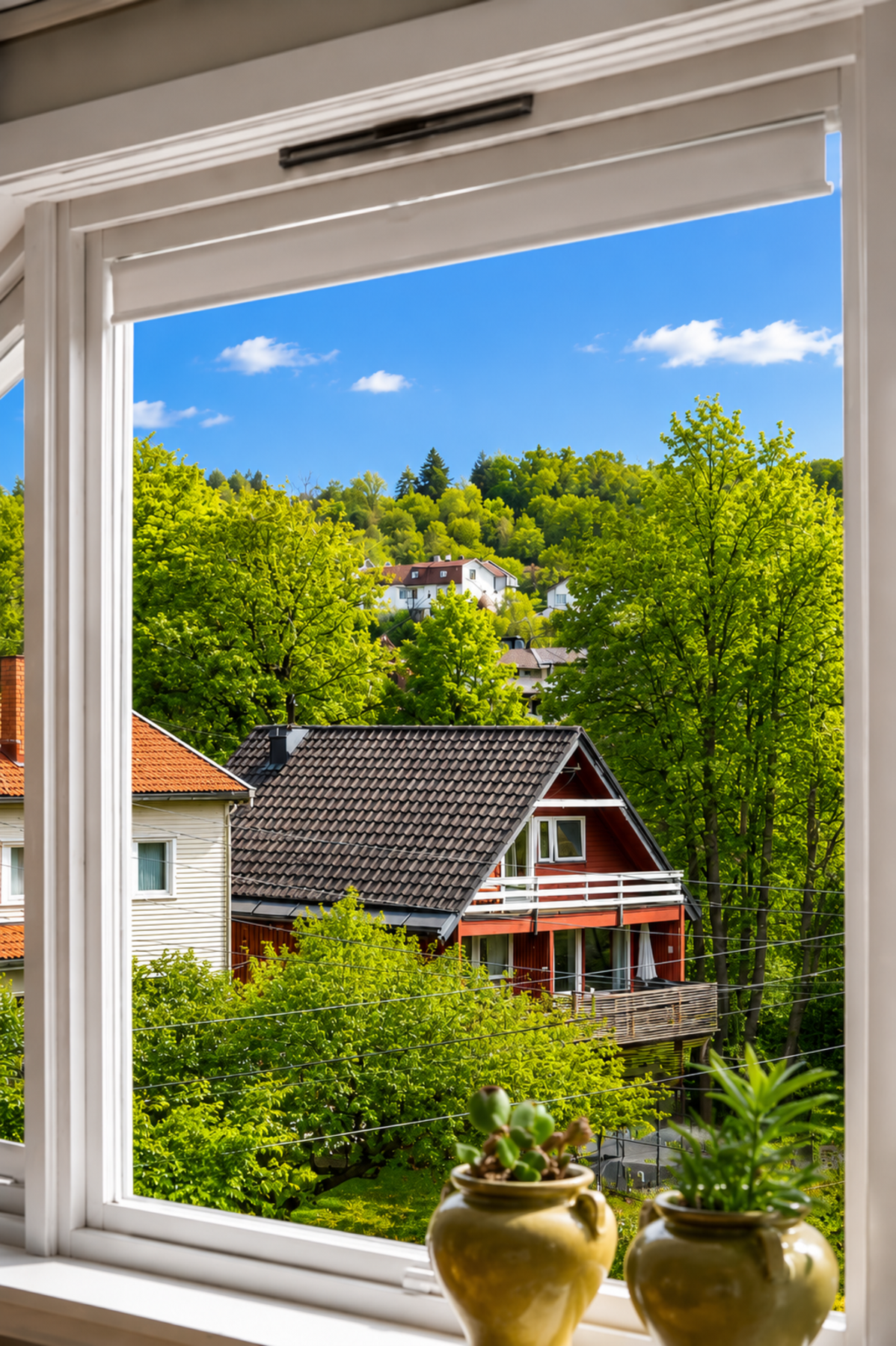 Fra stuen er det koselig, grønt utsyn mot Månejordet, ett av flere flotte grøntområder ved leiligheten. (AI-redigert, mindre avvik kan forekomme). Galleribilde