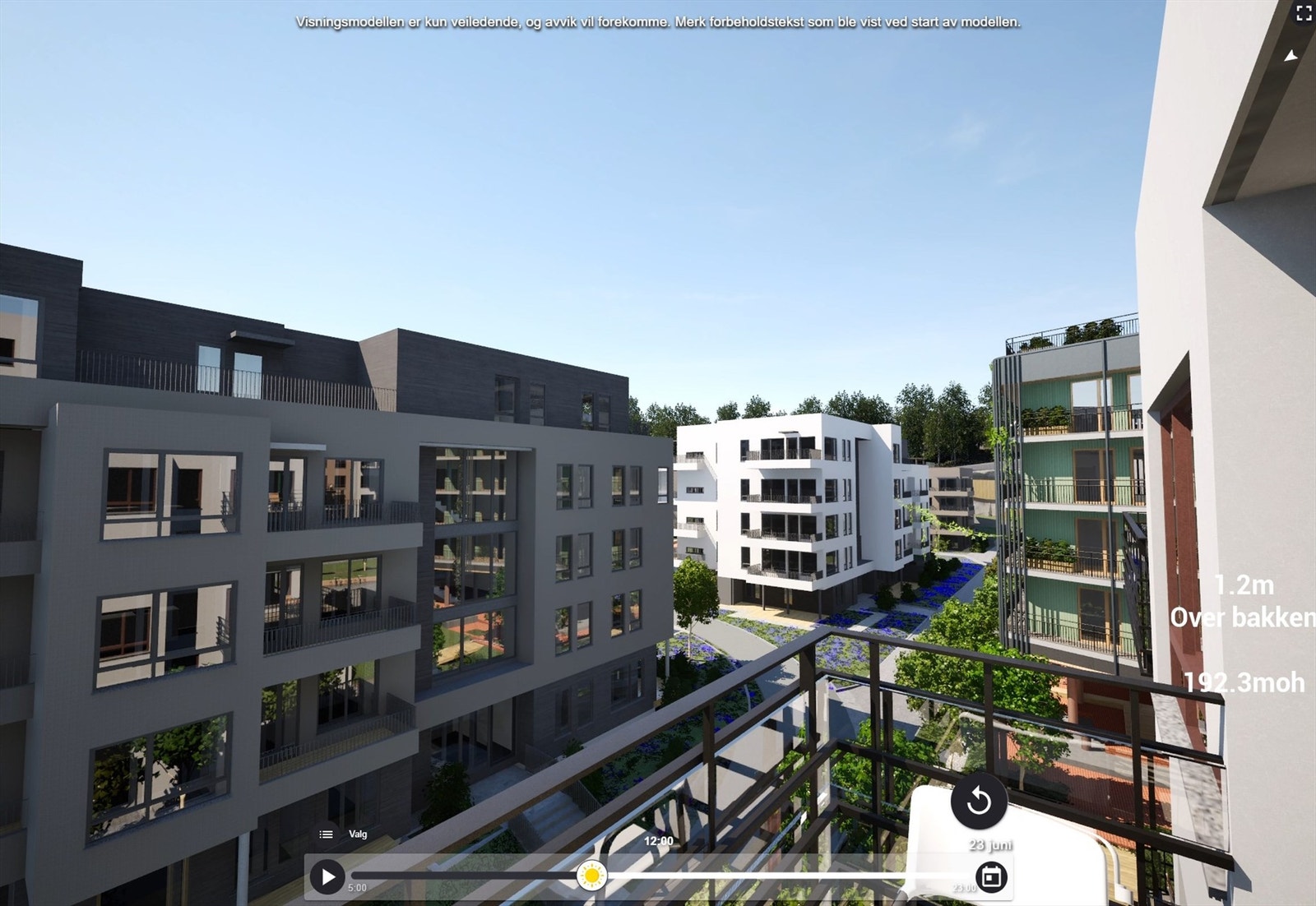 Illustrasjon | Utsikt fra den sørvendte balkongen på ca. 5 m². Her er det sol fra tidlig morgen til rundt kl.19:30 midtsommers, ifølge prosjektets simulator. Avvik kan forekomme. Galleribilde