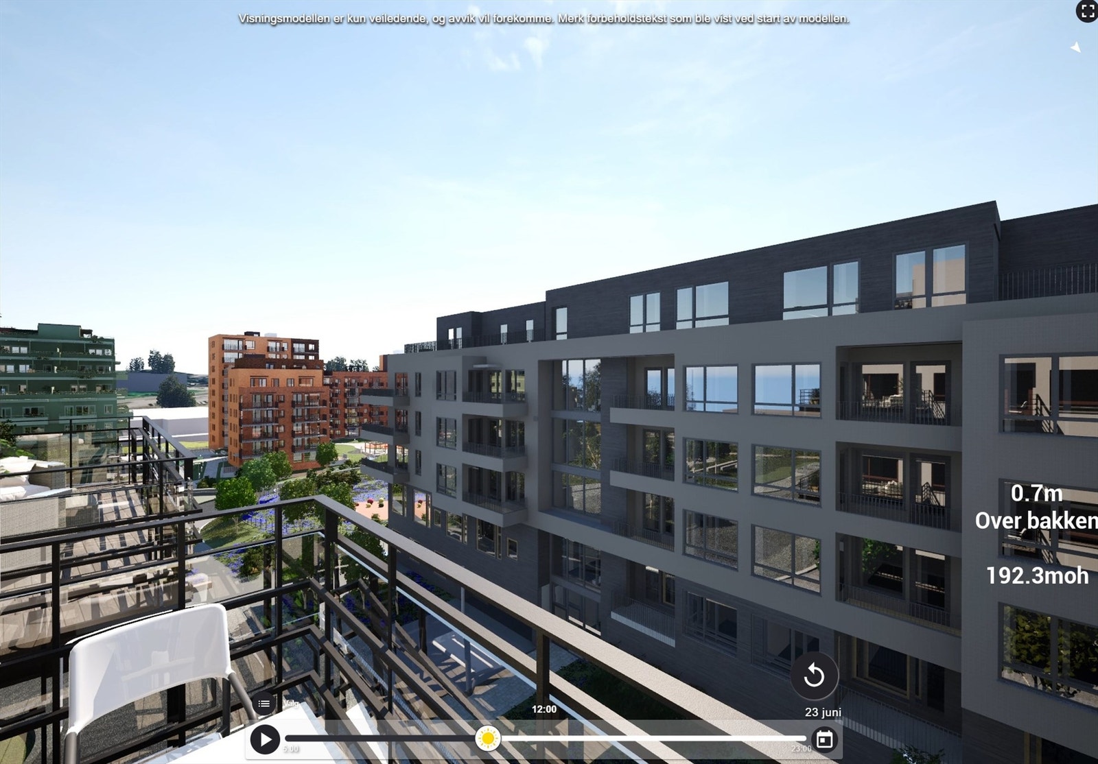 Illustrasjon | Utsikt fra den sørvendte balkongen på ca. 5 m². Her er det sol fra tidlig morgen til rundt kl.19:30 midtsommers, ifølge prosjektets simulator. Avvik kan forekomme. Galleribilde