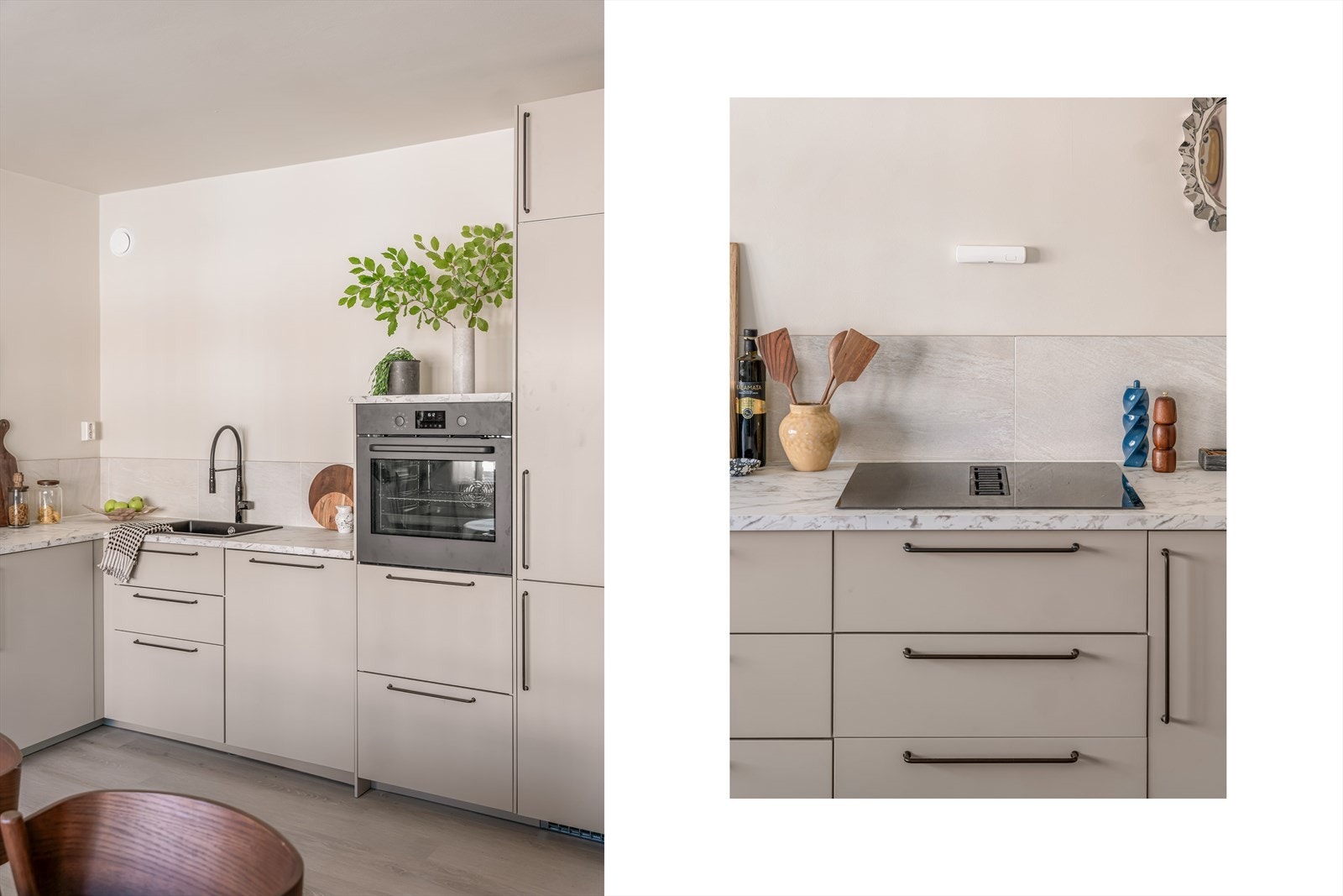 Kjøkkenet består av innredning med slette fronter, laminat benkeplate med nedfelt benkebeslag og ett-greps blandebatteri. Videre har kjøkkenet integrert kjøl- og fryseskap, oppvaskmaskin, stekeovn og induksjonstopp. Galleribilde
