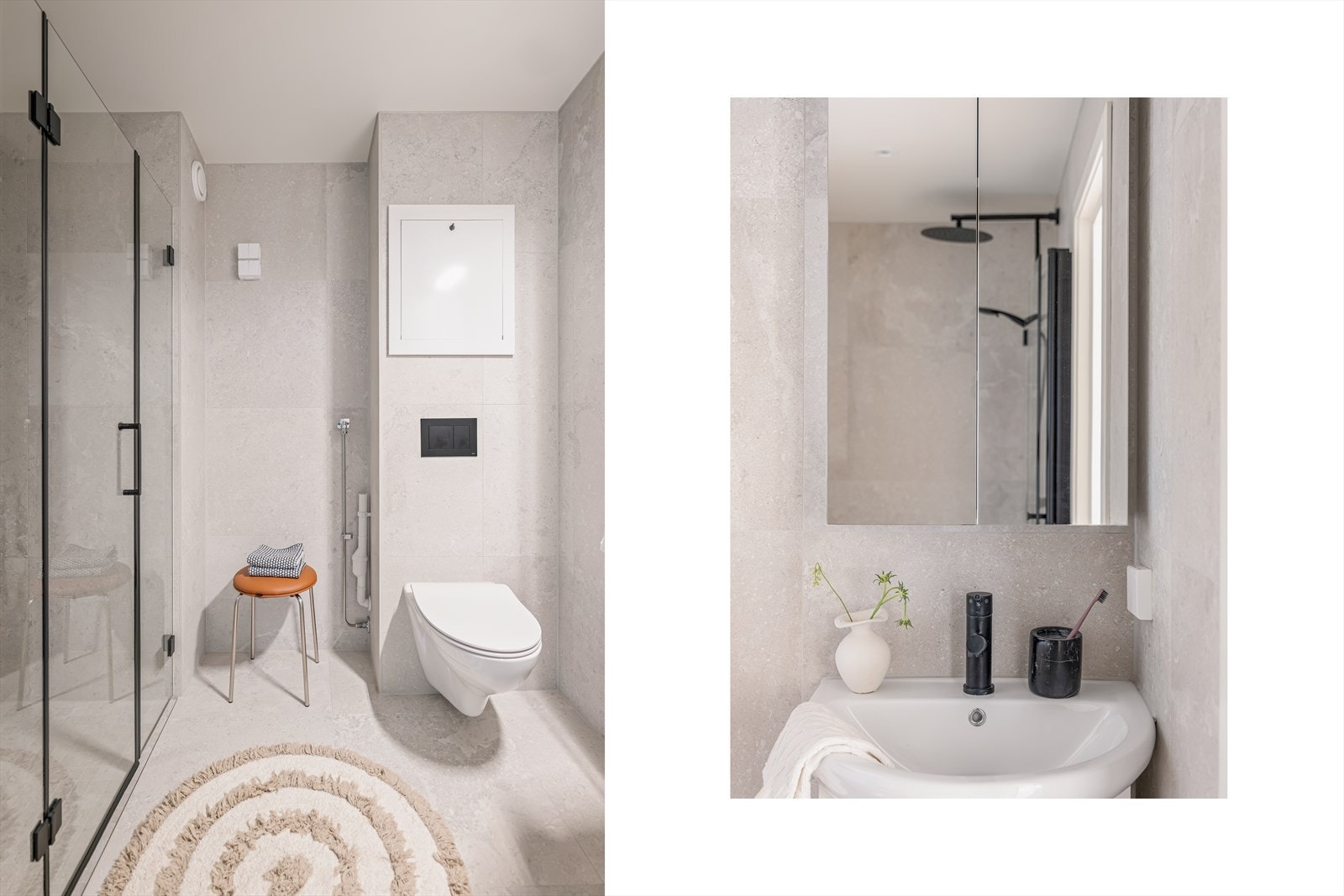 Pent og delikat baderom fra 2025 med varmekabler i gulv og downlights i himling. Galleribilde