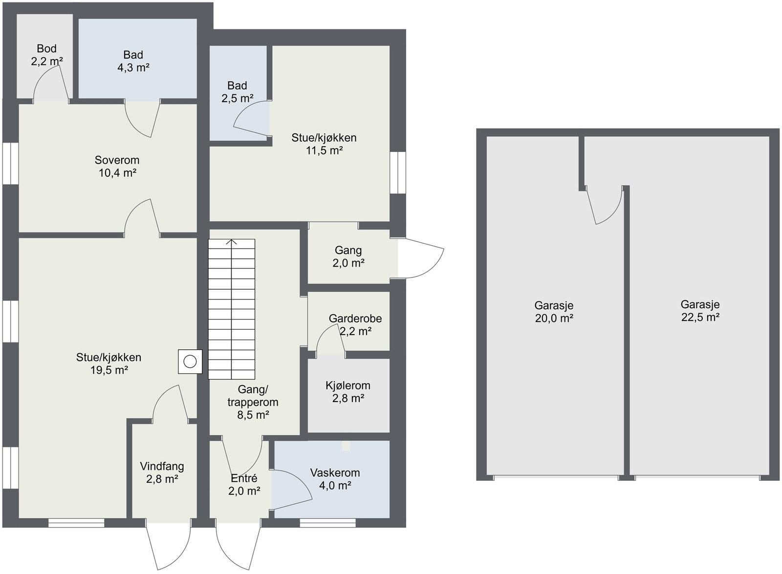 Planskisse sokkelplan. Boligen har to hybler i sokkeletasjen. Galleribilde