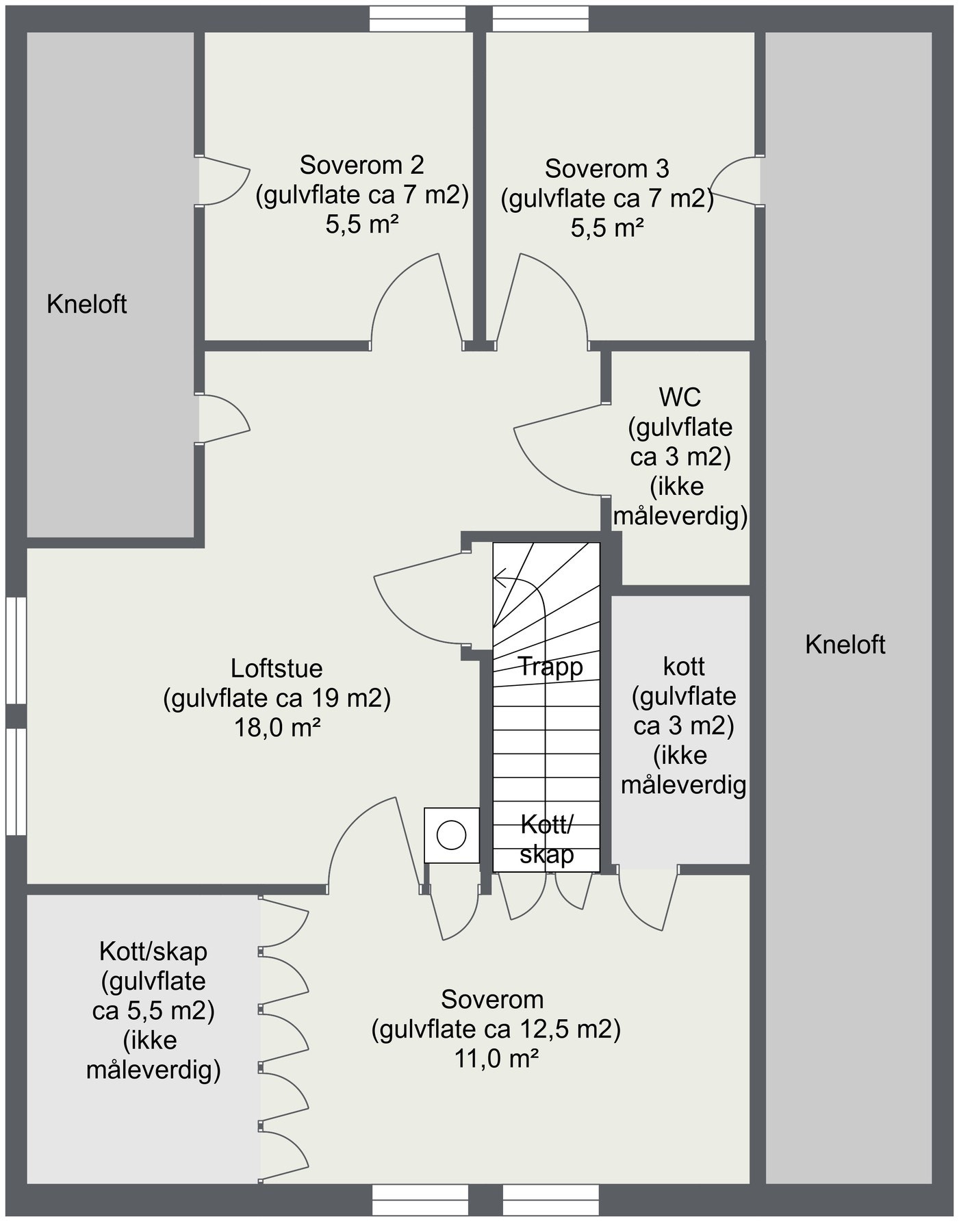 Planskisse loftetasje. Loftet er opprinnelig byggemeldt som et åpent loft, og innredningen er ikke byggemeldt og godkjent. Galleribilde