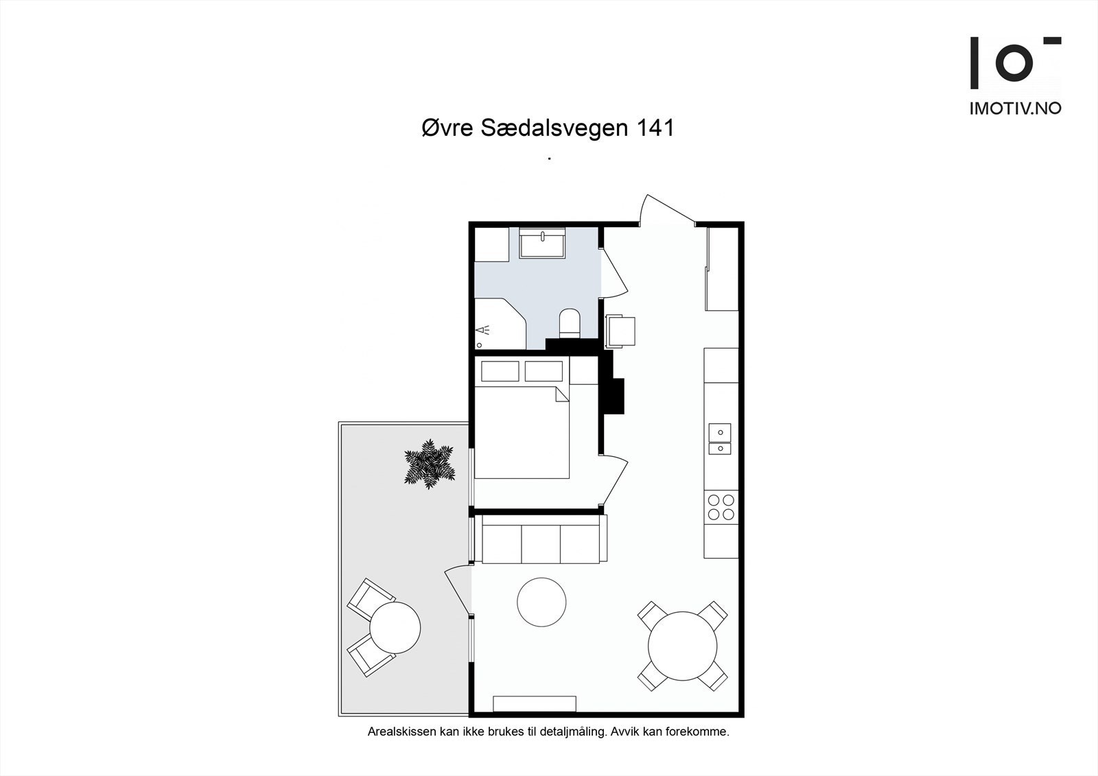 Effektiv planløsning som omfatter entré, bad, ett soverom og stue med åpen kjøkkenløsning. Galleribilde