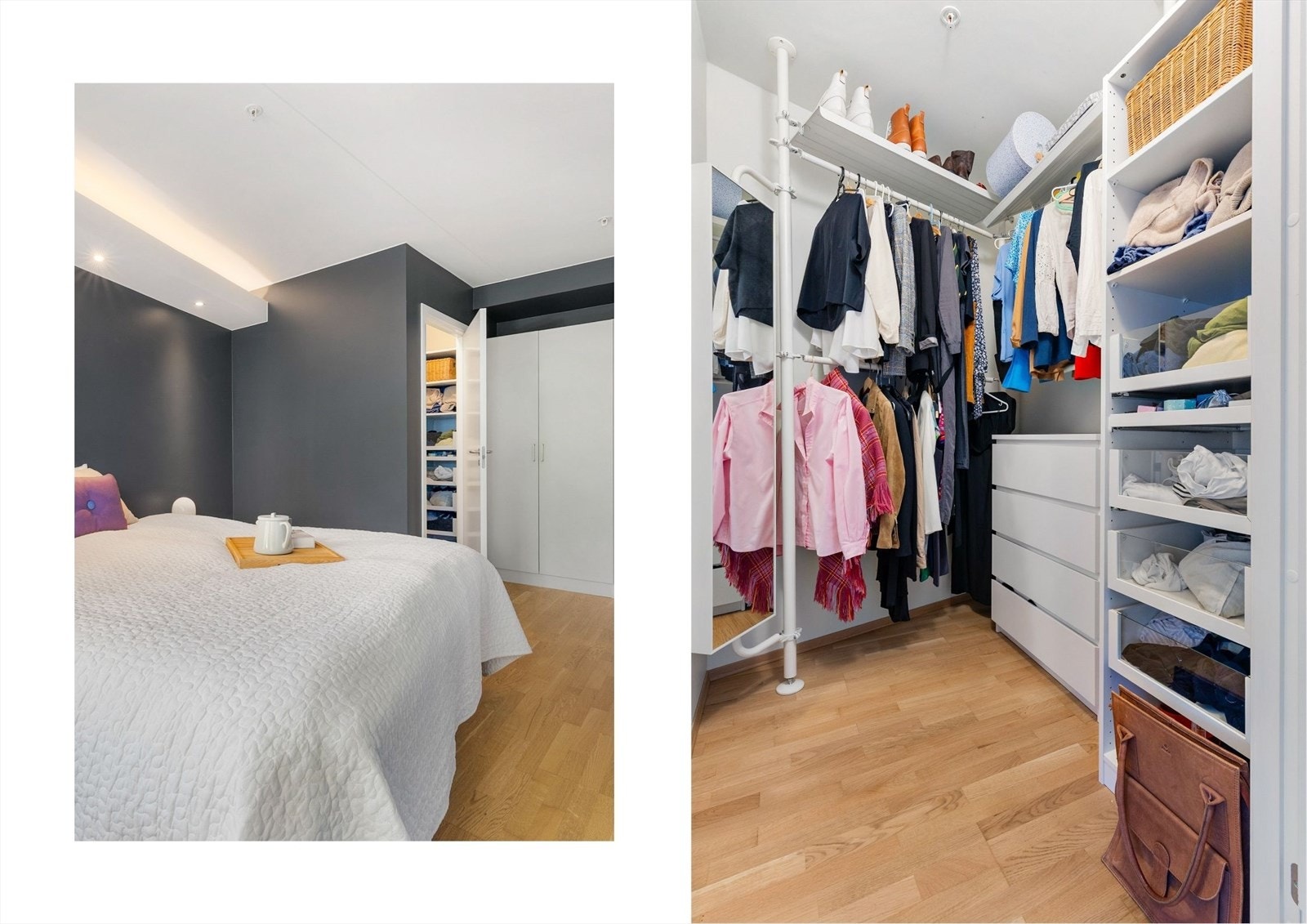 Walk-in garderoben gir rikelig med plass til klær og sko, med trådløs belysning. Skap og kommode i walk-in medfølger Galleribilde