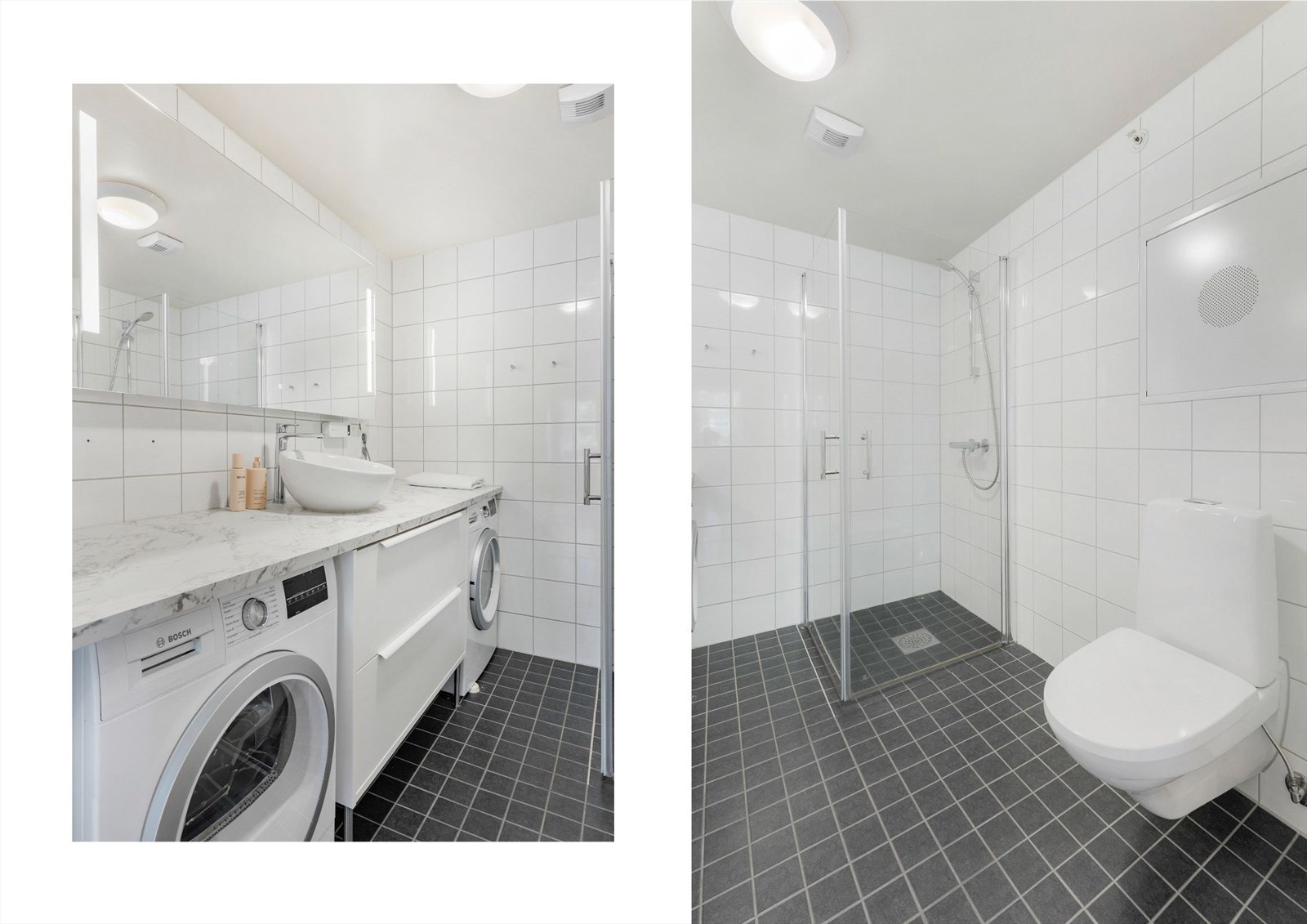 Badet er en prefabrikkert kabin fra 2014. Heldekkende benkeplate og servant ble skiftet i 2025 Galleribilde