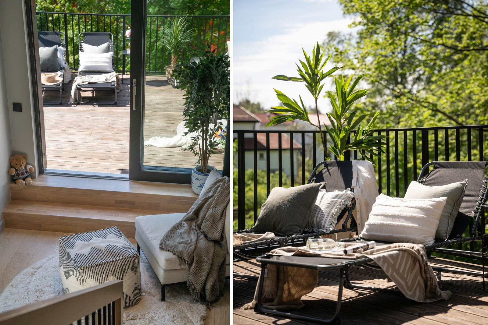 Vestvendt terrasse med gode solforhold, frodige omgivelser og lite innsyn. Her får man en svært privat og behagelig uteplass over bakkenivå. Galleribilde