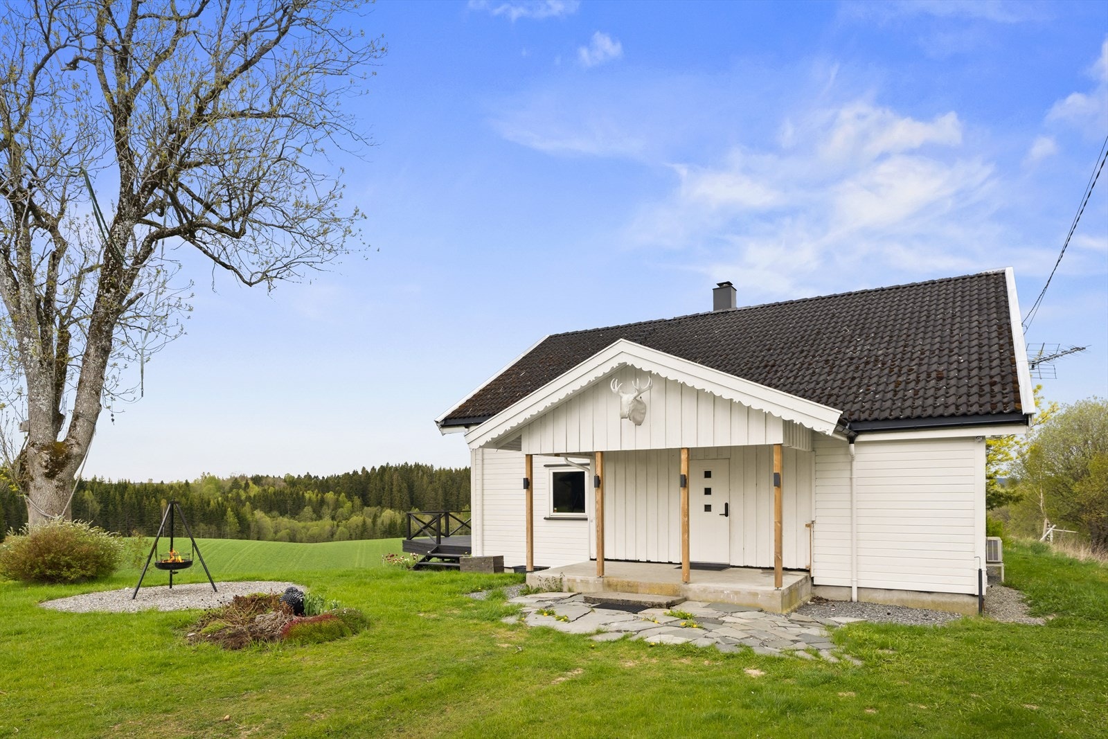 Tomten er pent opparbeidet med plenarealer og diverse beplanting. Galleribilde