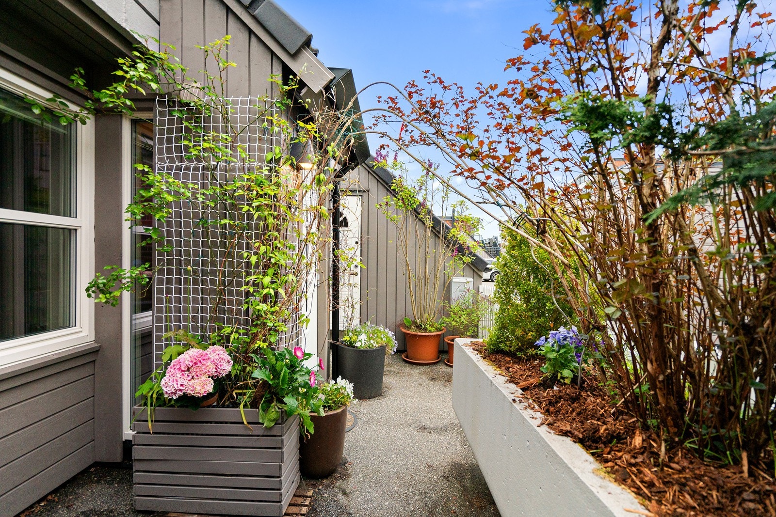 Inngangspartiet er dekorert med planter og gir et grønt og velstelt inntrykk. Galleribilde