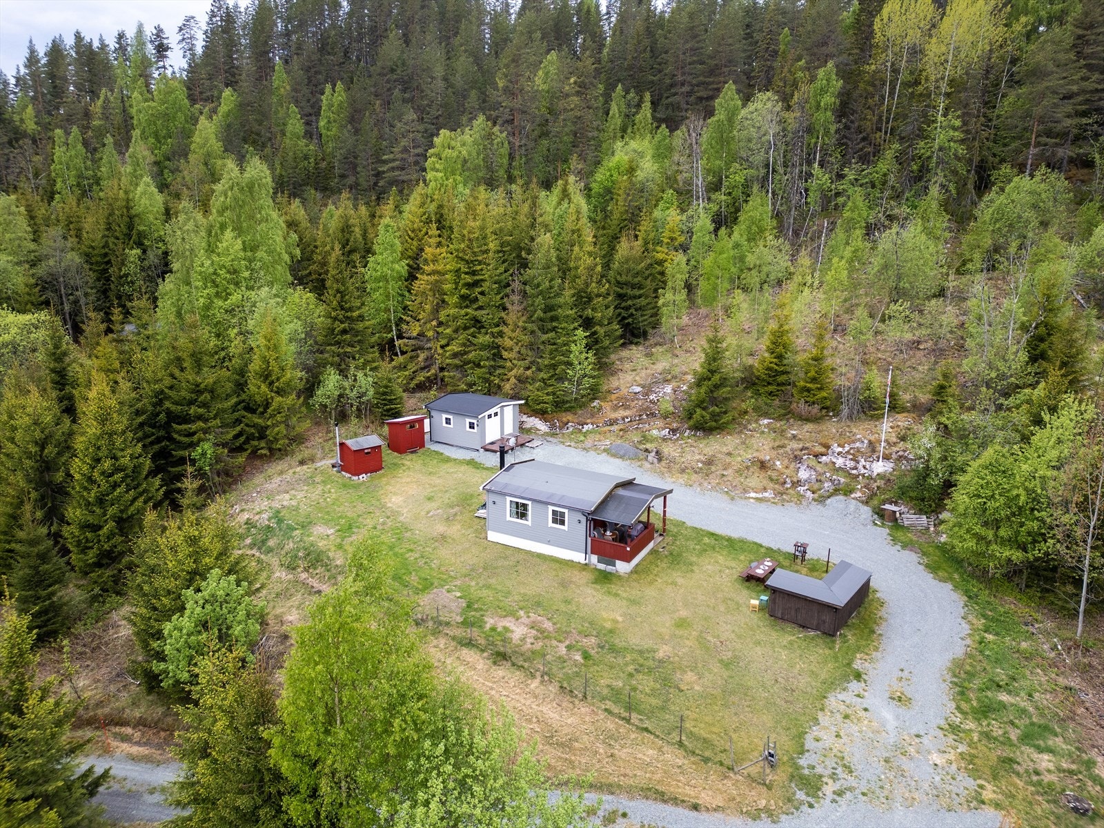 Eiendommen ligger på en flat og lett skrånende tomt, opparbeidet med plen og gruset gårdsplass. Galleribilde