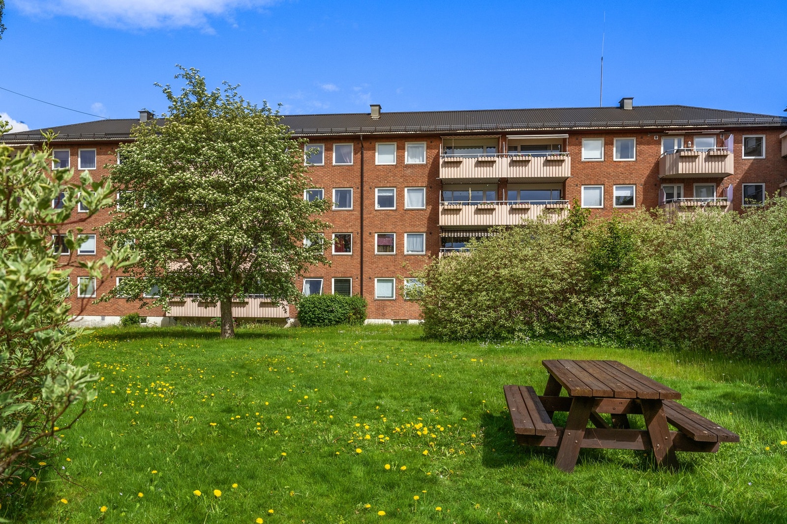 Borettslagets fellesarealer er pent opparbeidet med flere lekeplasser, gressplen, asfalterte veier. Galleribilde