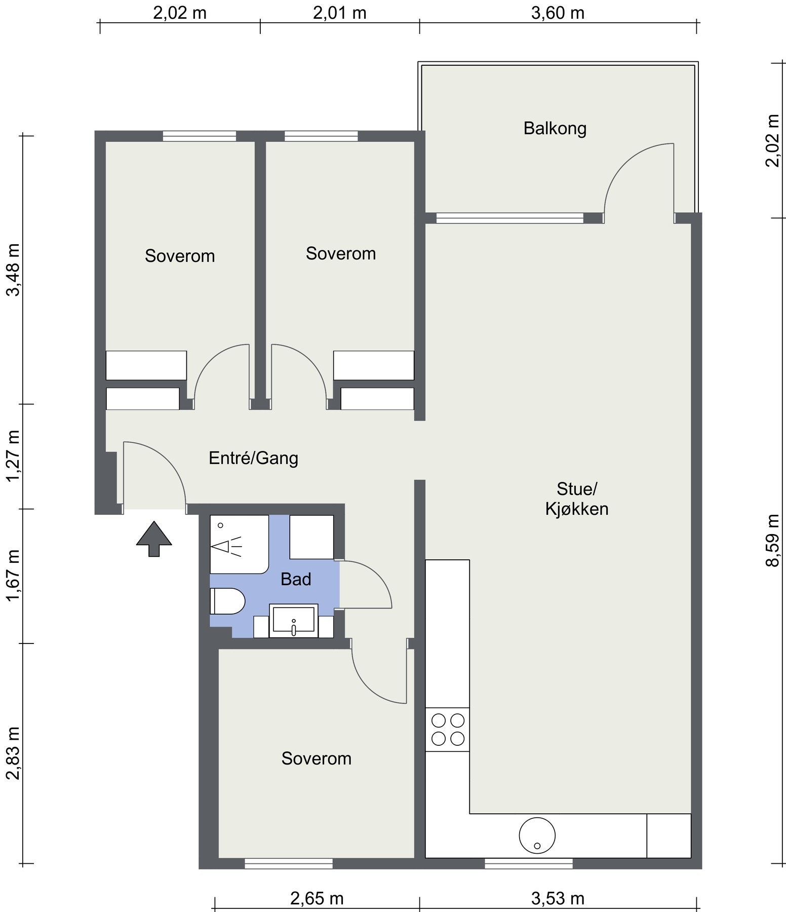 Plantegning. Leiligheten disponerer kjellerbod på 5 m2 og loftsbod med gulvareal på ca. 7,5 m2. Galleribilde