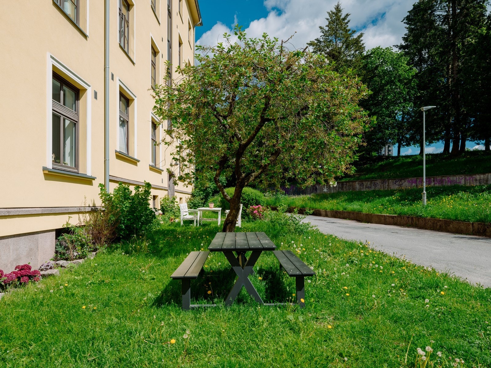Et hyggelig og grønt uteområde med sitteplasser, perfekt for rolige pauser og sosiale stunder i solen. Galleribilde