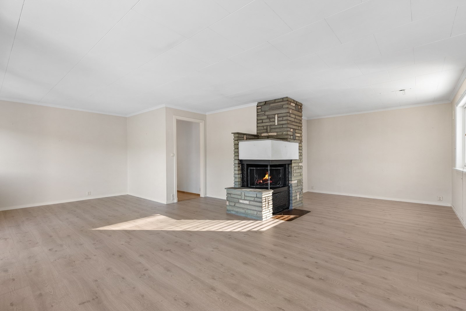 Rommet har plass til både sofagruppe og spisebord, og har en varmepumpe installert. Galleribilde