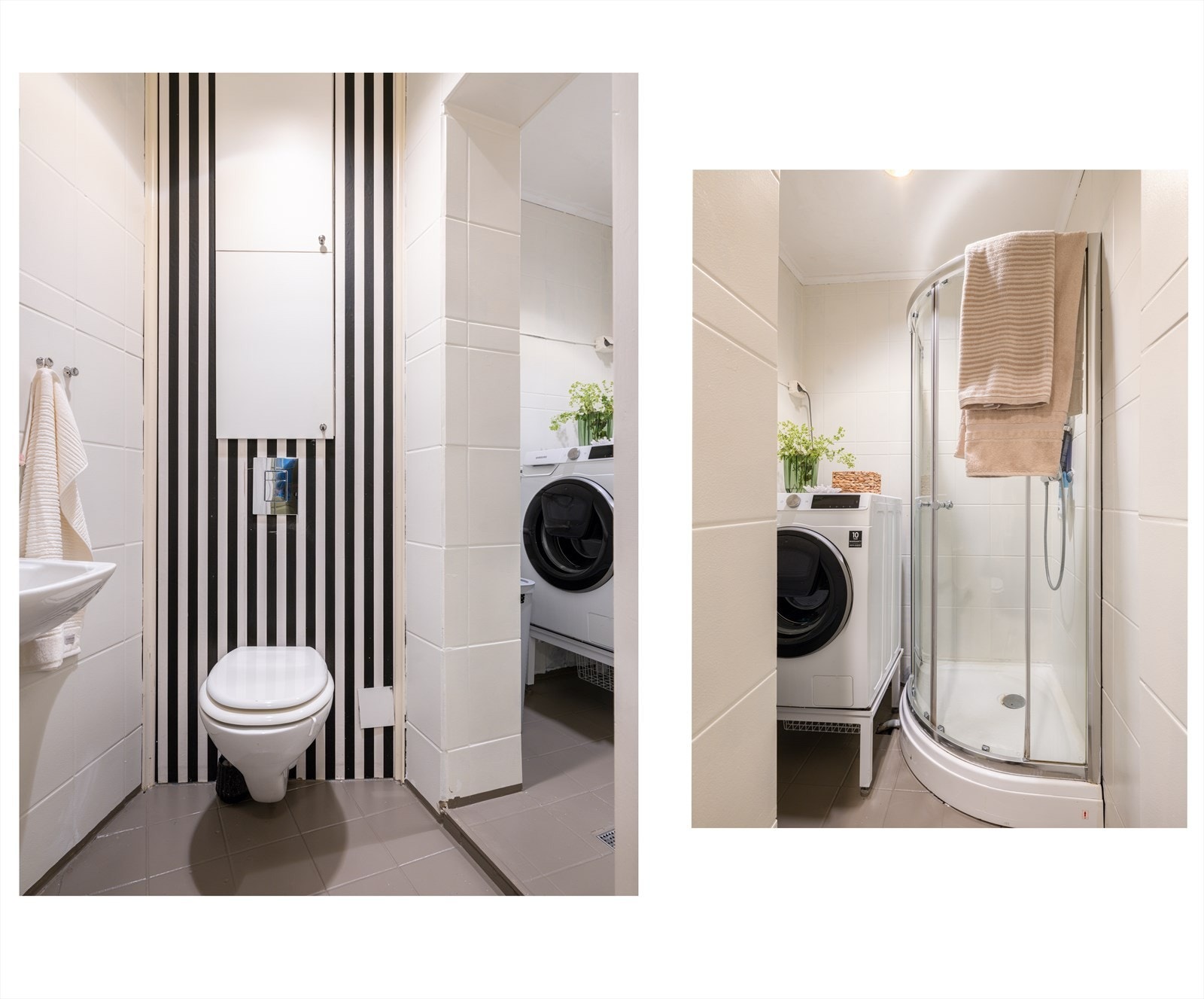 Lyst og flislagt baderom med himling med malte plater. Opplegg for
vaskemaskin, samt installert vaskemaskin på badet. Galleribilde
