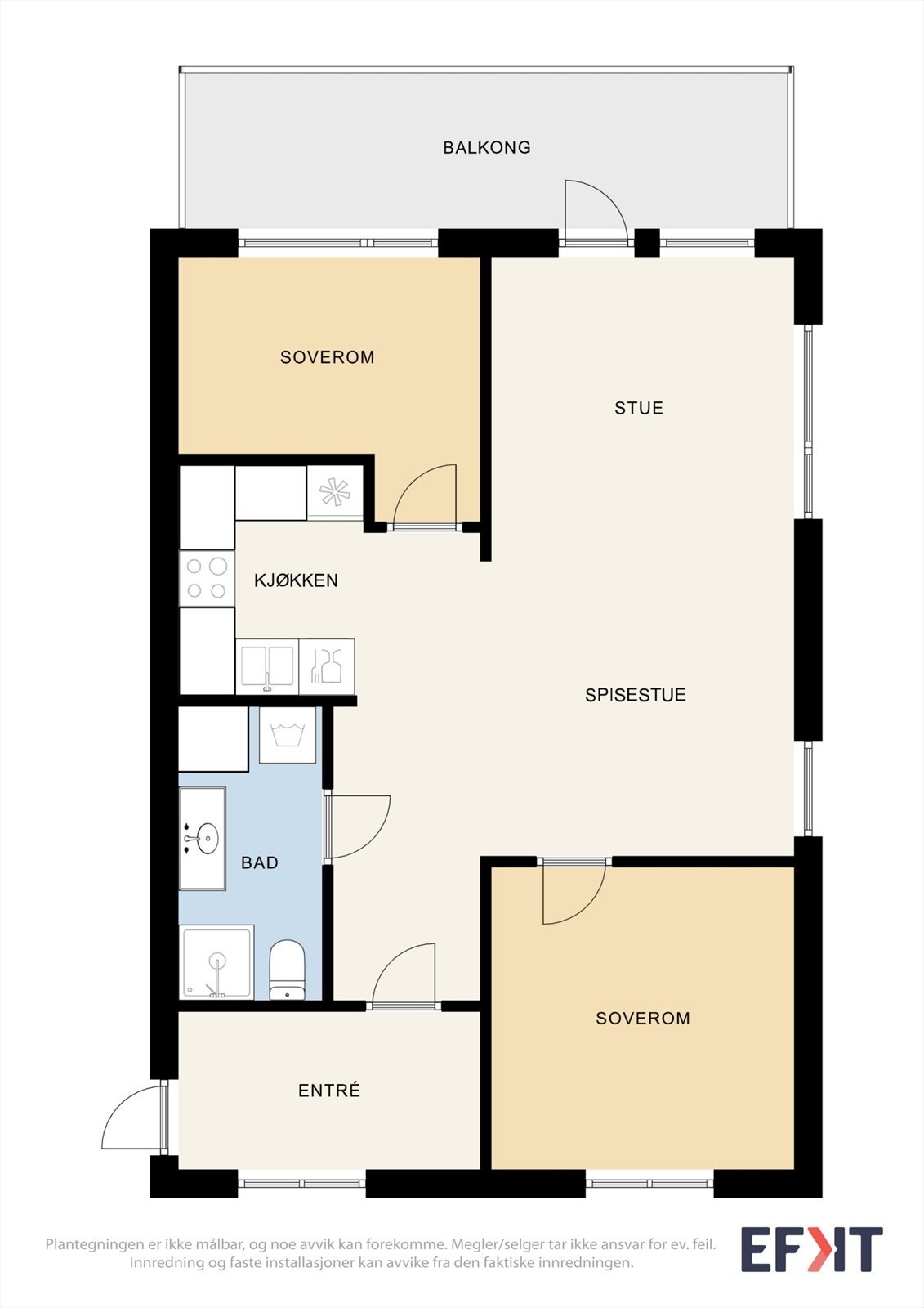 Leiligheten på 60 m² har en arealeffektiv planløsning med to soverom og en åpen stue- og kjøkkenløsning. Galleribilde
