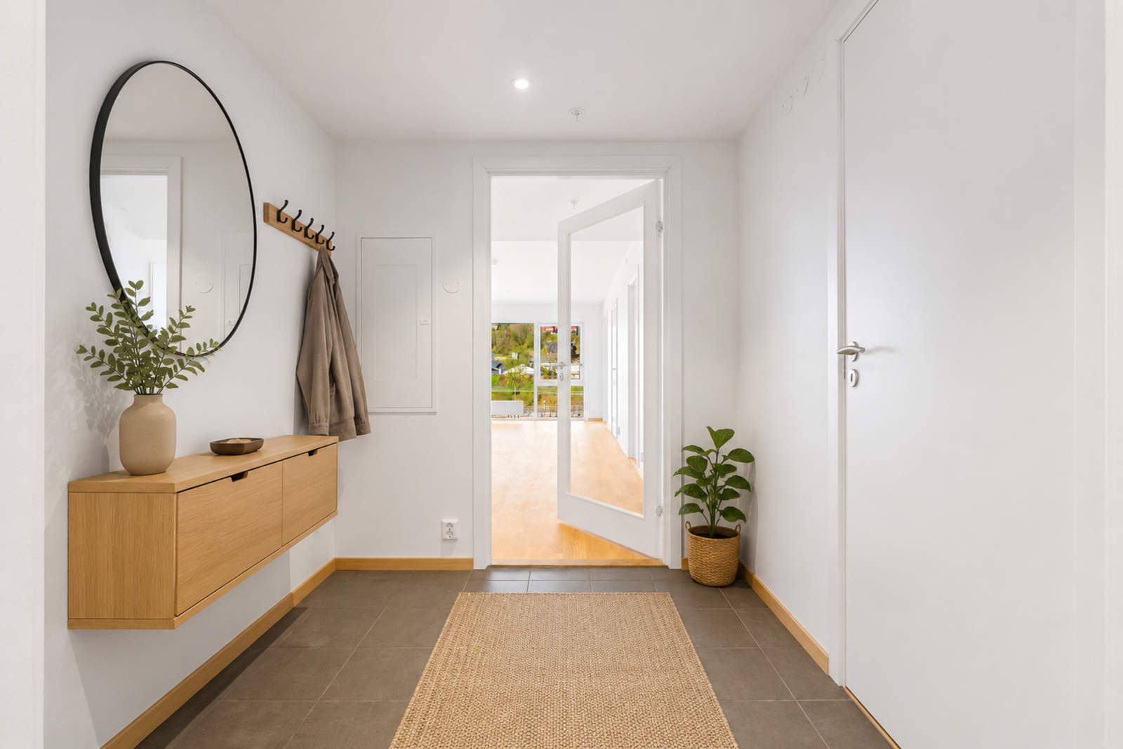 Velkommen inn! Romslig gang med varme i gulv. AI-generete møbler. Galleribilde