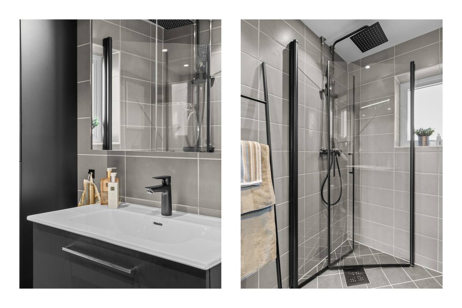 Badet er innredet med servantskap, speilskap med belysning, vegghengt høyskap og veggmontert toalett. Dusjhjørnet har glassdører og regnfallsdusj, det er også opplegg for vaskemaskin og tørketrommel. Galleribilde