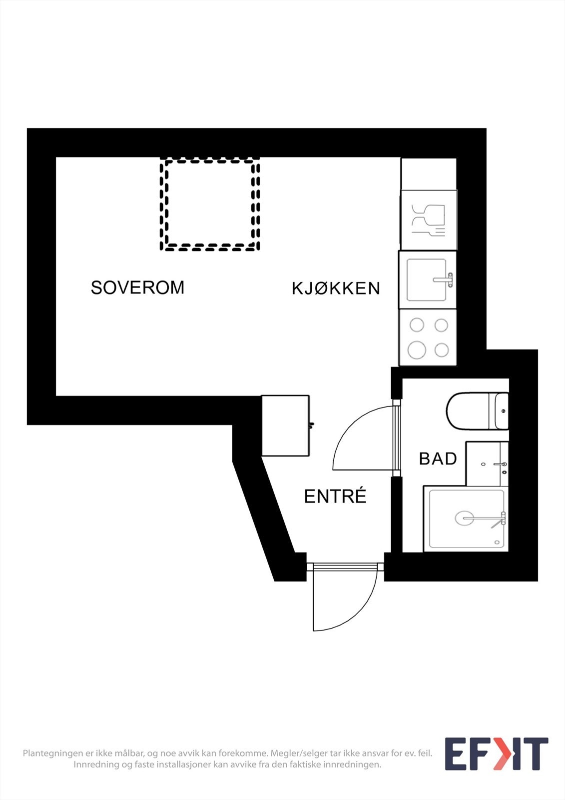 En arealeffektiv 1-roms leilighet med åpen løsning mellom entré, stue og kjøkken, samt et separat bad. Galleribilde