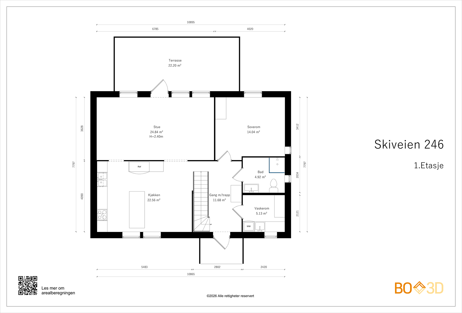 Hoveddelens første etasje har en sosial planløsning med stue og kjøkken, ett soverom, bad og et praktisk vaskerom. Galleribilde