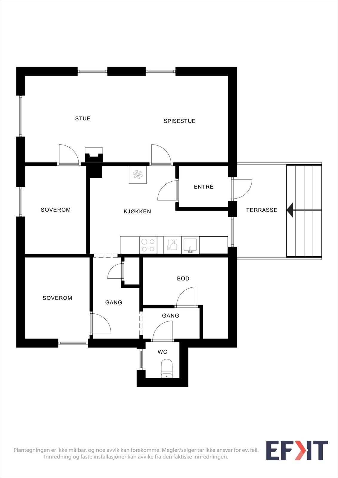 Hytta har en arealeffektiv planløsning på ett plan med to soverom. Herfra er det kun 81 meter til nærmeste preparerte langrennsløype. Galleribilde