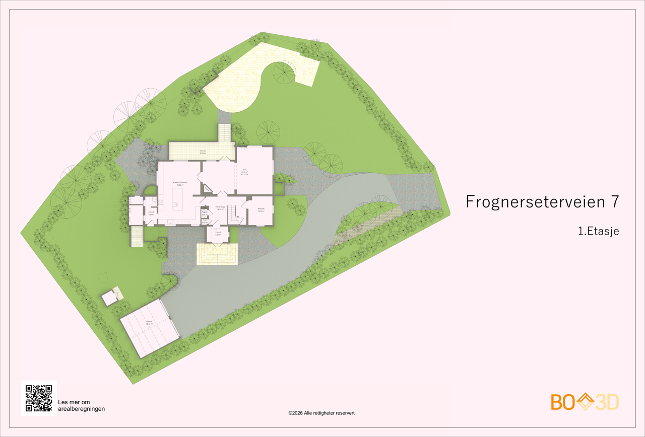 Utomhusplan. Huset ligger plassert midt på tomten, med hage rundt hele huset, noe som gir eiendommen en eksklusiv og privat karakter. Galleribilde