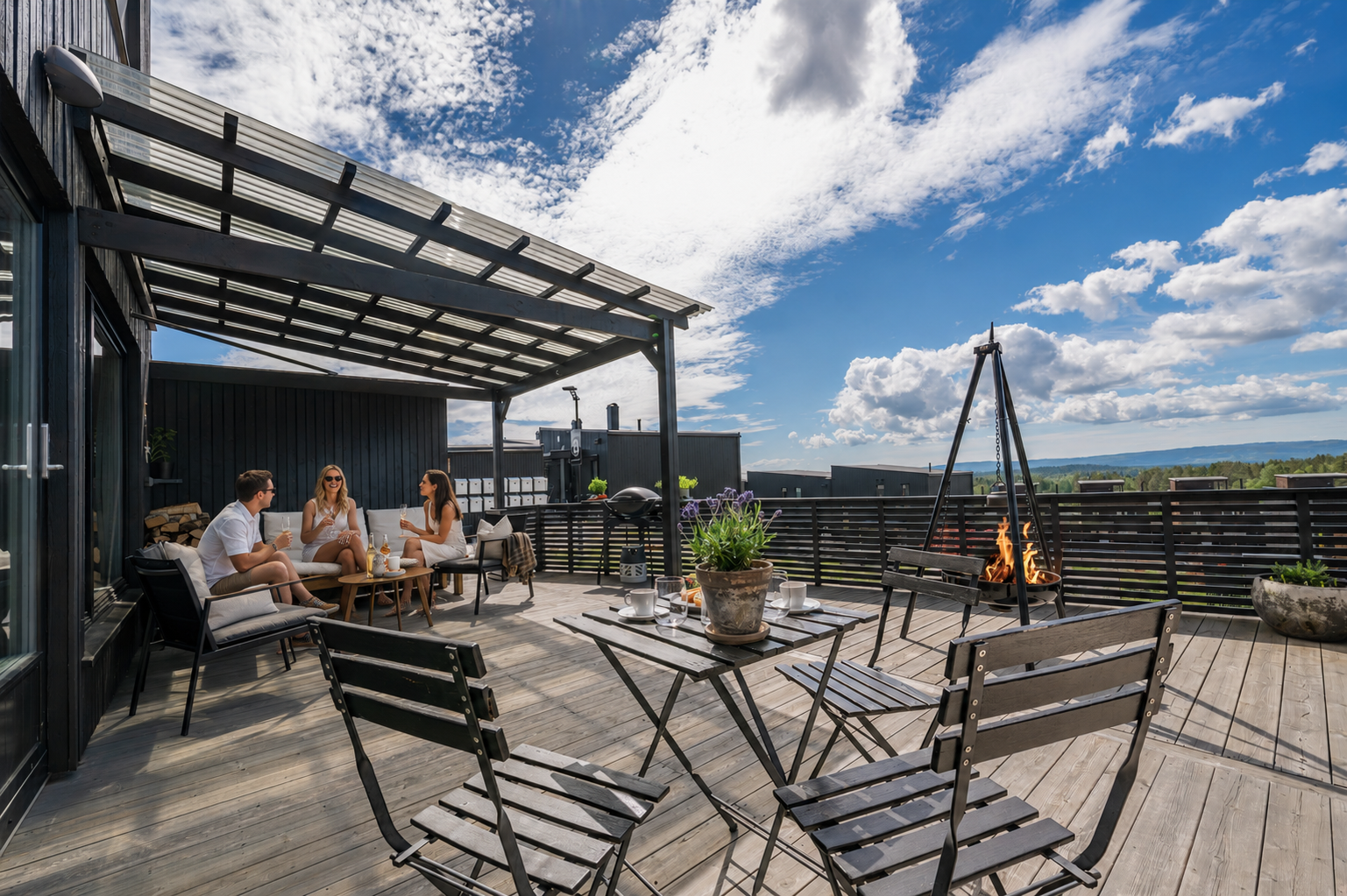 Utvidet terrasse med rekkverk og overbygd terrasse med pergola (illustrasjon) Galleribilde