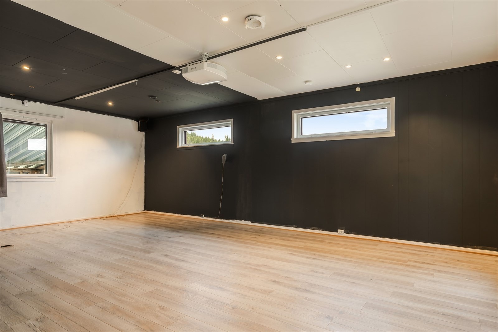 Stor stue med enstavs laminat på gulv, malte overflater og downlights i himlingen. Galleribilde