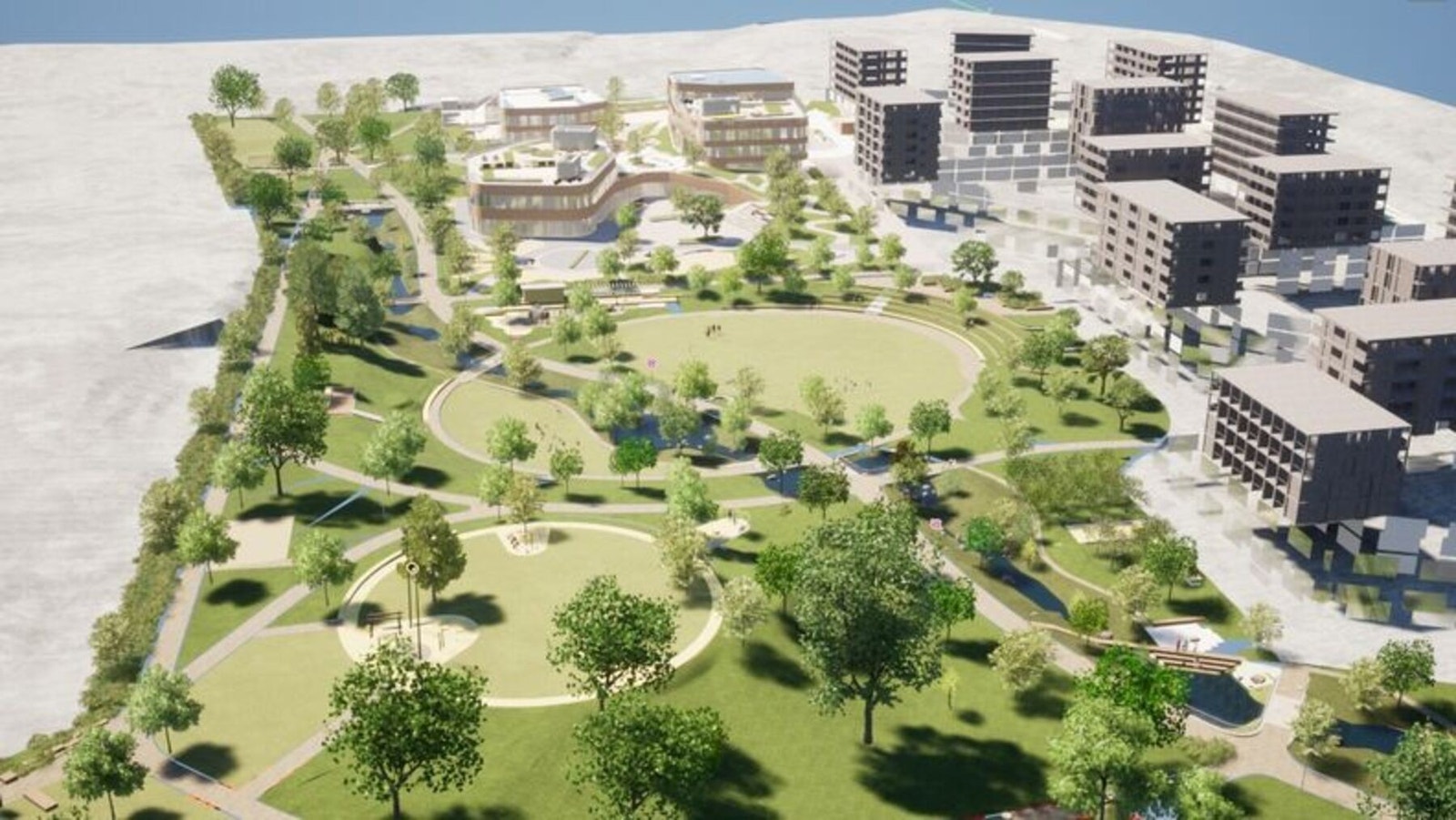 Økern torgpark estimeres ferdigstilt høsten 2027 og vil gi nærområdet et grønt og moderne samlingspunkt. Et flott tilskudd til nærmiljøet. Kreditering: Norconsult / Bjørbekk & Lindheim. Galleribilde