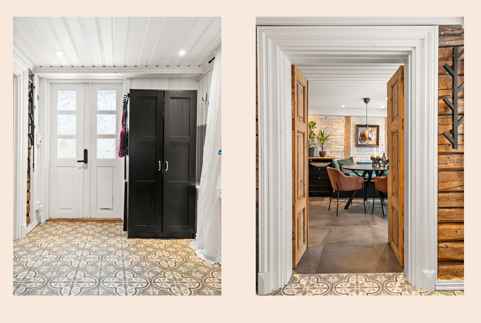 Inngangspartiet har et flislagt gulv med varmekabler og leder videre inn i boligen. Fra entréen ledes du inn mot kjøkkenet, med originale tømmervegger. Galleribilde